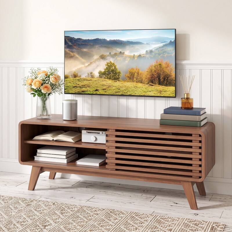 Angle. WELLFOR - Mid Century Modern TV Stand for TVs up to 55" with Adjustable Shelves, Wood Entertainment Center TV Media Console - Brown.