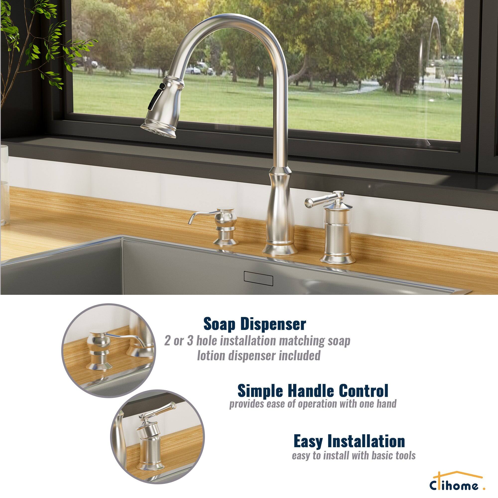 Soap Dispenser: 2 or 3 hole installation matching soap lotion dispenser included

Simple Handle Control: provides ease of operation with one hand

Easy Installation: easy to install with basic tools

Cihome