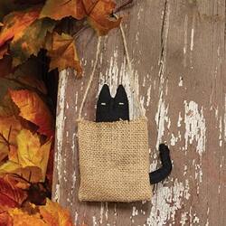 Angle. BreeBe - Stuffed Primitive Cat in Burlap Sack Hanger - Black, Natural.