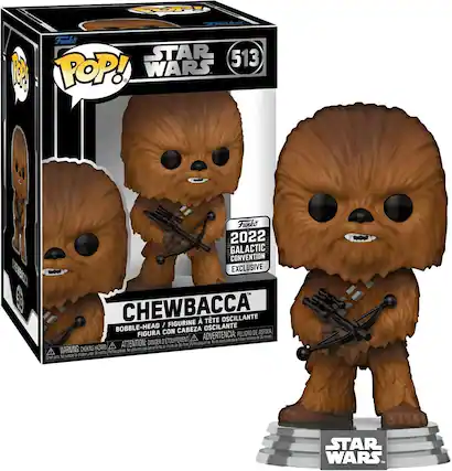 Funko STAR WARS POP! 513 2022 GALACTIC CONVENTION EXCLUSIVE CHEWBACCA BOBBLE-HEAD / FIGURINE OSCILANTE CON CABEZA PELIGRO DE ASFOGADO FIGURA ADVERTENCIA: a nes A aida neue . ATTENTION: DANGER D'ETOUFFEMENT Partes pequeñas no adecuado sa de nom de 3 mot WARNING: CHOKING HAZARD convect - ne A peces to adecuado 3 Petits as STAR WARS M