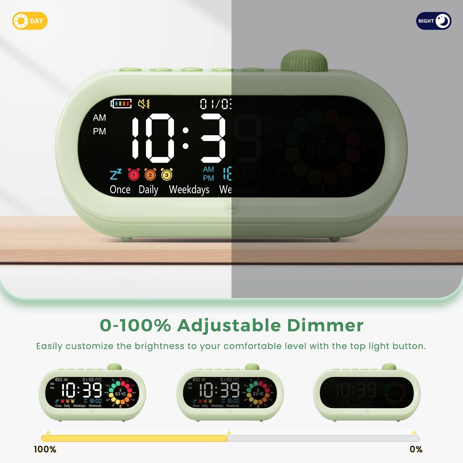 DAY NIGHT  
0 1/0: AM PM 10:3 AM Z2 2 3 PM 100  
Once Daily Weekdays Weekends  
0-100% Adjustable Dimmer  
Easily customize the brightness to your comfortable level with the top light button.  

1 - SIDI FR - a 39 10-00 EncE Daily WwaSen WA DES d a1cs FSC 10:39 89N0 - 18:00 ONE dail Weidan - 10:39 10 100% 0%