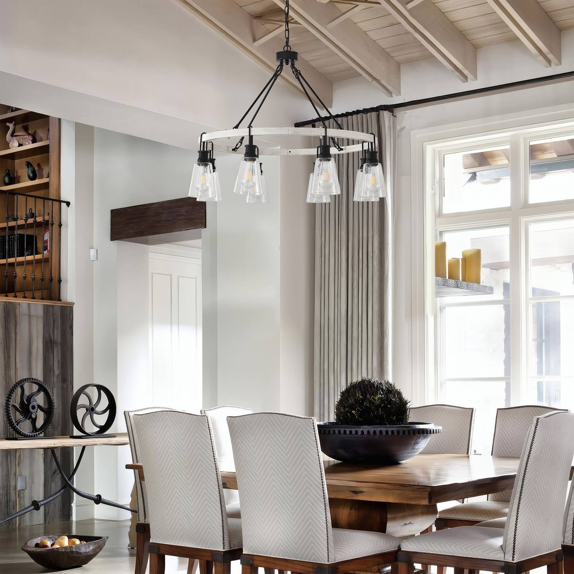 Alt View 1. RYHNUYNE - 8-Light Wooden Wagon Wheel Chandelier, Rustic Round Chandeliers for Dining Room Foyer,Farmhouse Chandelier Light Fixture - Black.