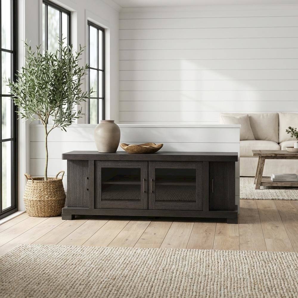 Alt View 1. FurniFact - Contemporary Brown Wood TV Stand with Glass Doors and Elegant Finish - Brown.