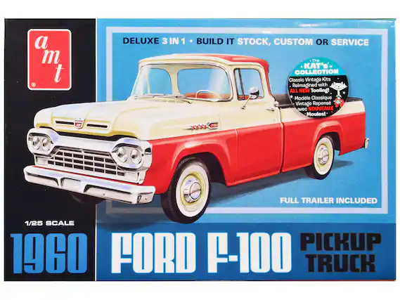 a m t
DELUXE 3 IN 1 • BUILD IT STOCK, CUSTOM OR SERVICE
The KAT'S COLLECTION
Classic Vintage Kits Reimagined with ALL NEW Tooling!
Modèle Classique Vintage Repensé avec NOUVEAUX Moulages!
1/25 SCALE
1960 FORD F-100 PICKUP TRUCK
FULL TRAILER INCLUDED