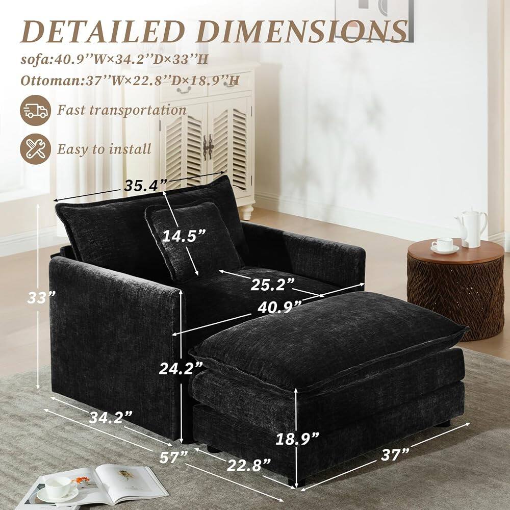 DETAILED DIMENSIONS

sofa: 40.9"Wx34.2"Dx33"H  
Ottoman: 37"Wx22.8"Dx18.9"H

Fast transportation  
Easy to install