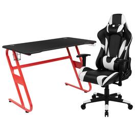 Emma + Oliver - Desk Bundle-Gaming Desk, Cup Holder, Headphone Hook and Reclining Chair - Black