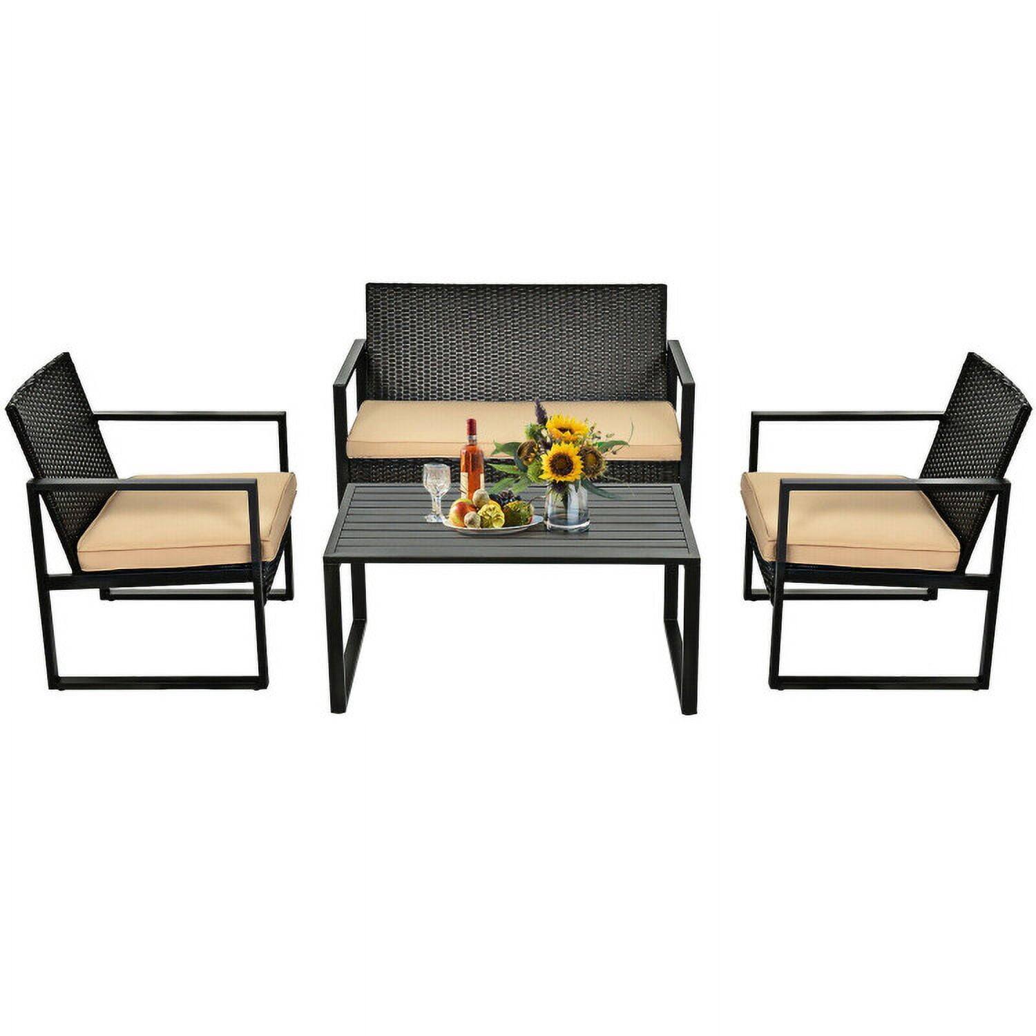 Alt View 4. Kadyn - 4 Pieces Patio Rattan Furniture Set, Outdoor Furniture Garden Conversation Bistro Sets with Seat Cushions - Brown.