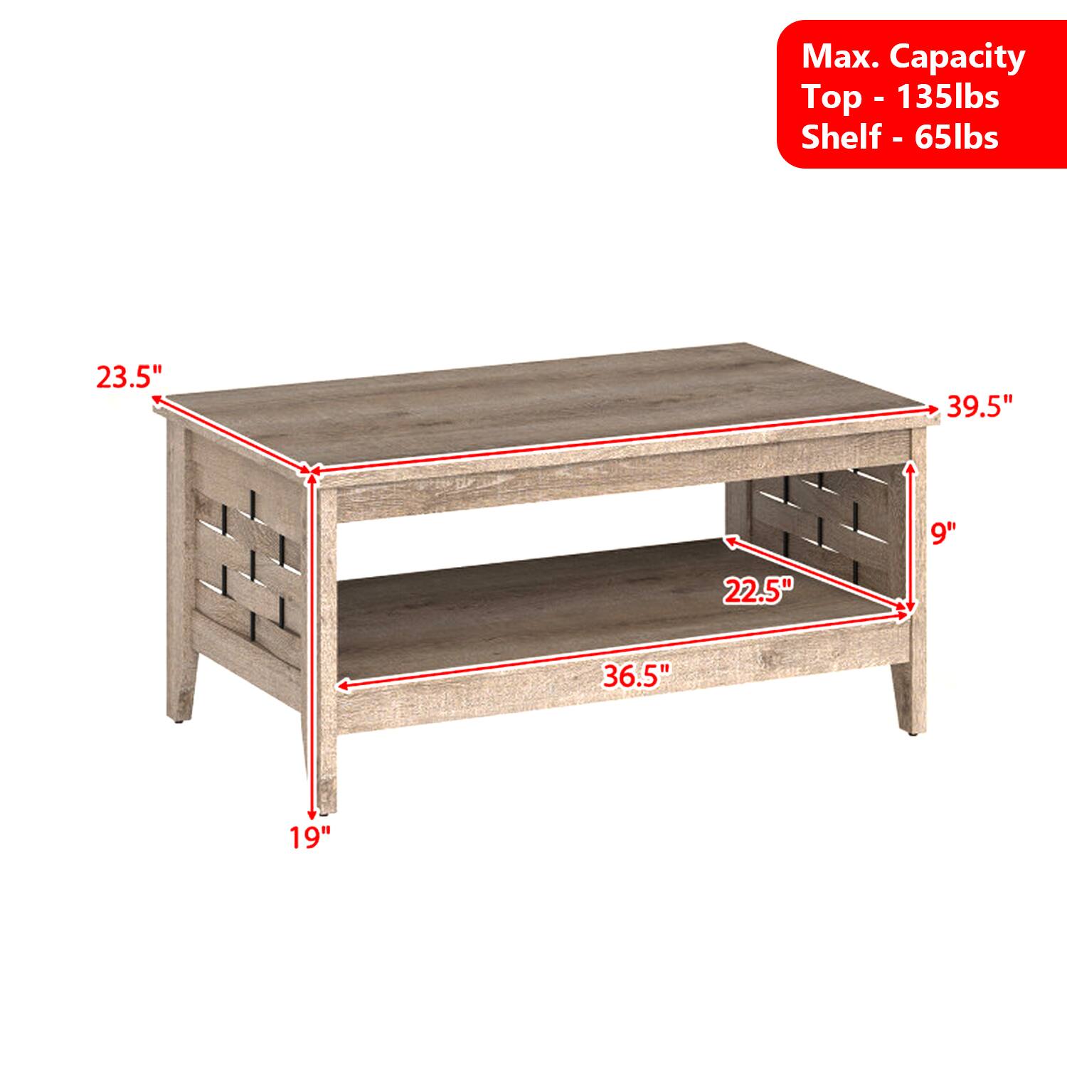Max. Capacity  
Top - 135lbs  
Shelf - 65lbs  

Dimensions:  
- Top: 39.5" x 23.5"  
- Shelf: 36.5" x 22.5"  
- Height: 19"