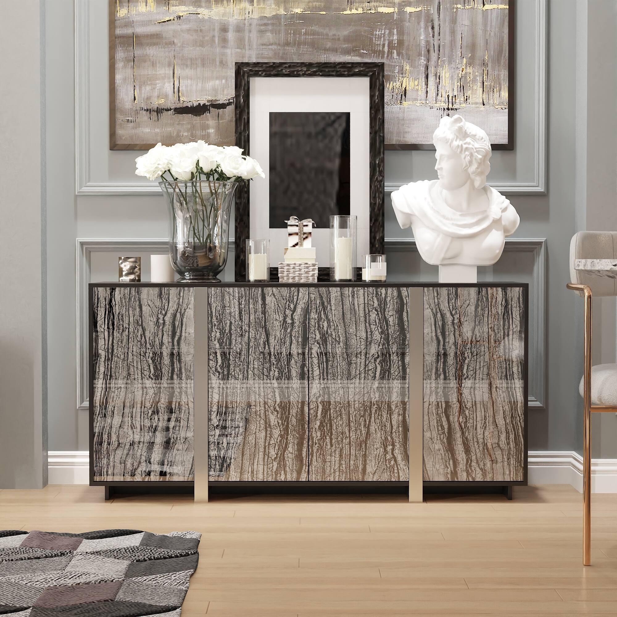 Alt View 1. FUFU & GAGA - FUFU&GAGA Marble - Patterned Sideboard & Accent Table: High - End Storage with Glass Doors for Living Room - Black.