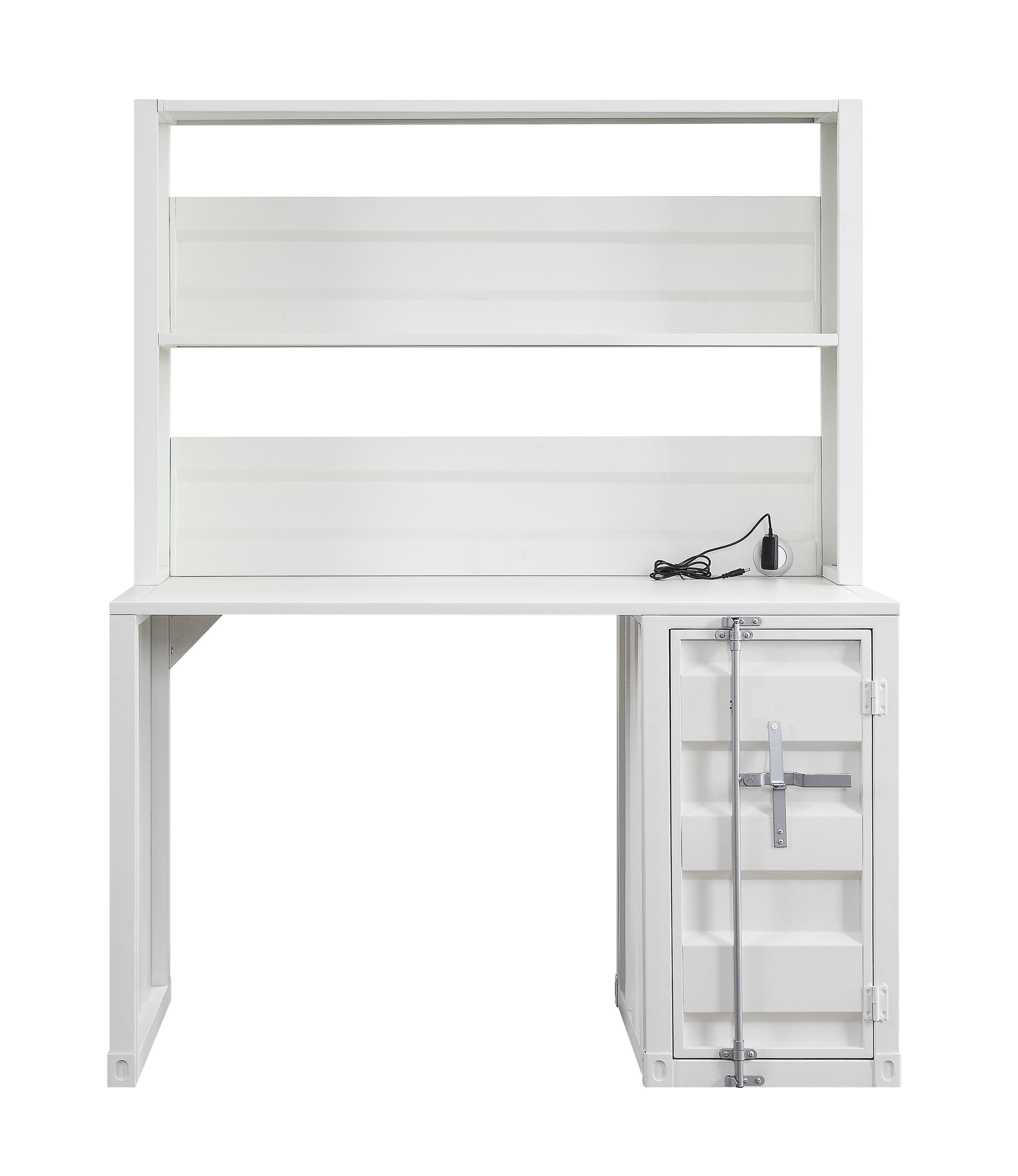 Angle. Manhattan Lane - Metal Base Desk and Hutch with Slated Pattern and Storage Compartment, White - White.