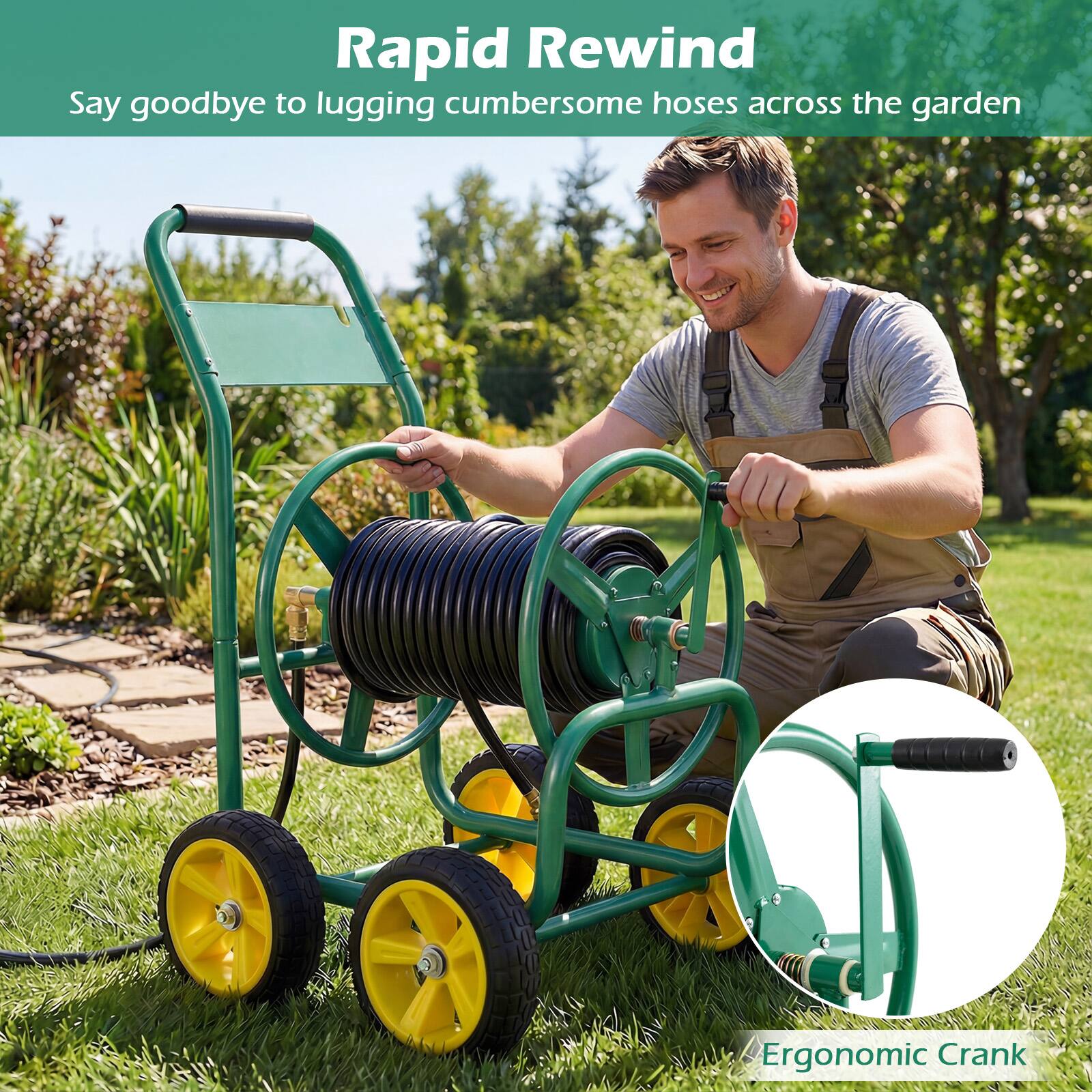 Rapid Rewind  
Say goodbye to lugging cumbersome hoses across the garden  

Ergonomic Crank