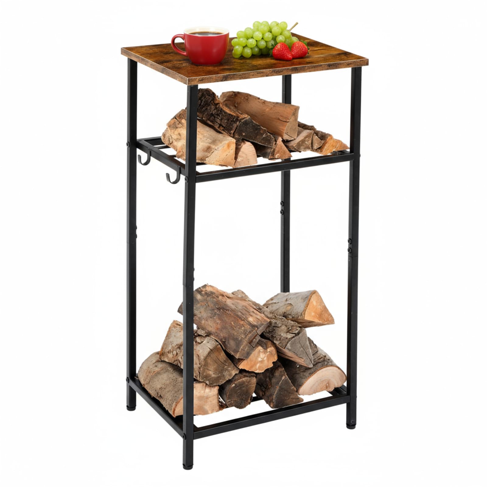Alt View 6. JETRANSPORT - Firewood Rack Indoor Outdoor 32.3 Inch Metal 2-tier Holder Coffee Table With 4 Hook Adjustable Feet Pads - Default.