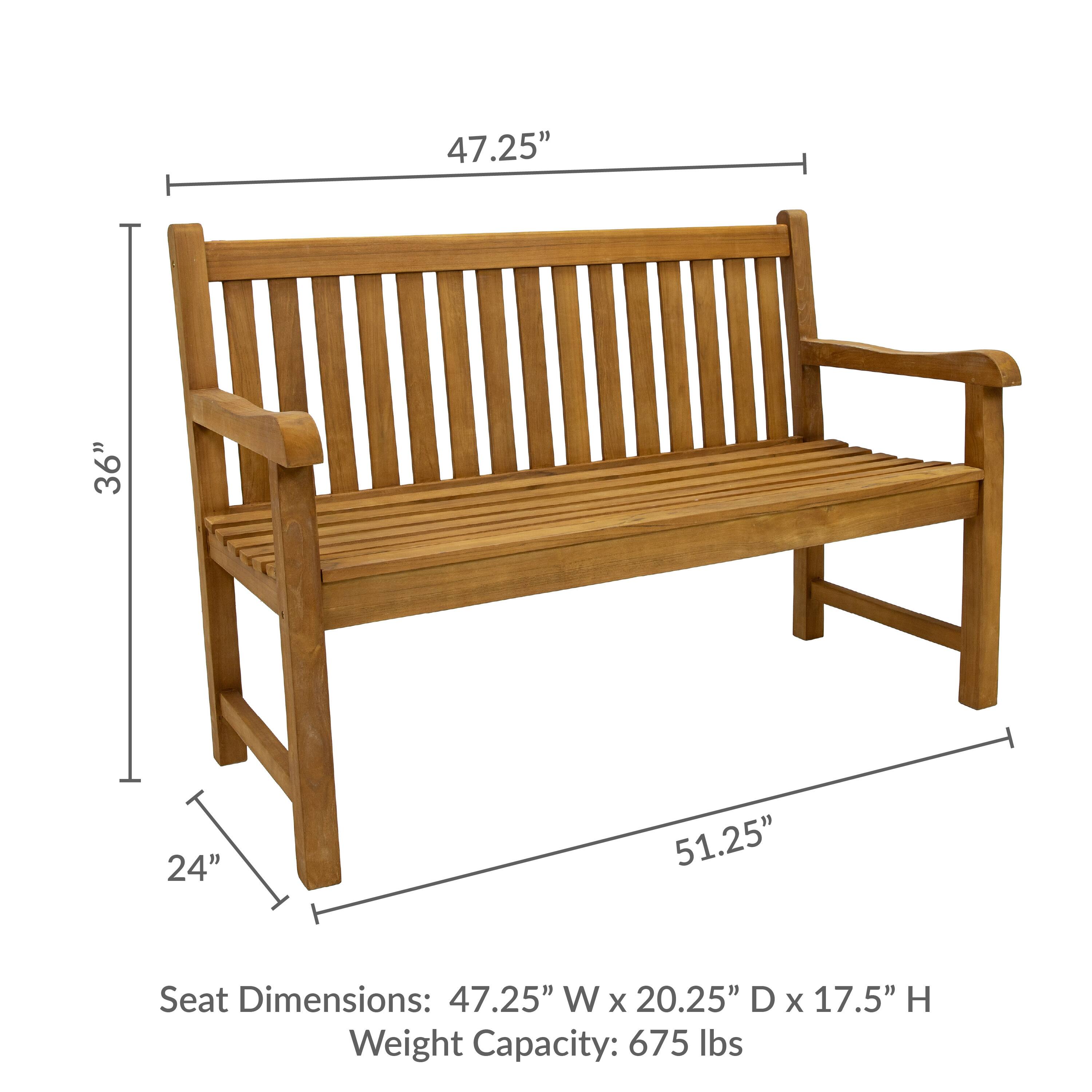 47.25" W x 20.25" D x 17.5" H  
Seat Dimensions: 47.25" W x 20.25" D x 17.5" H  
Weight Capacity: 675 lbs  
Overall Dimensions: 51.25" W x 36" H x 24" D