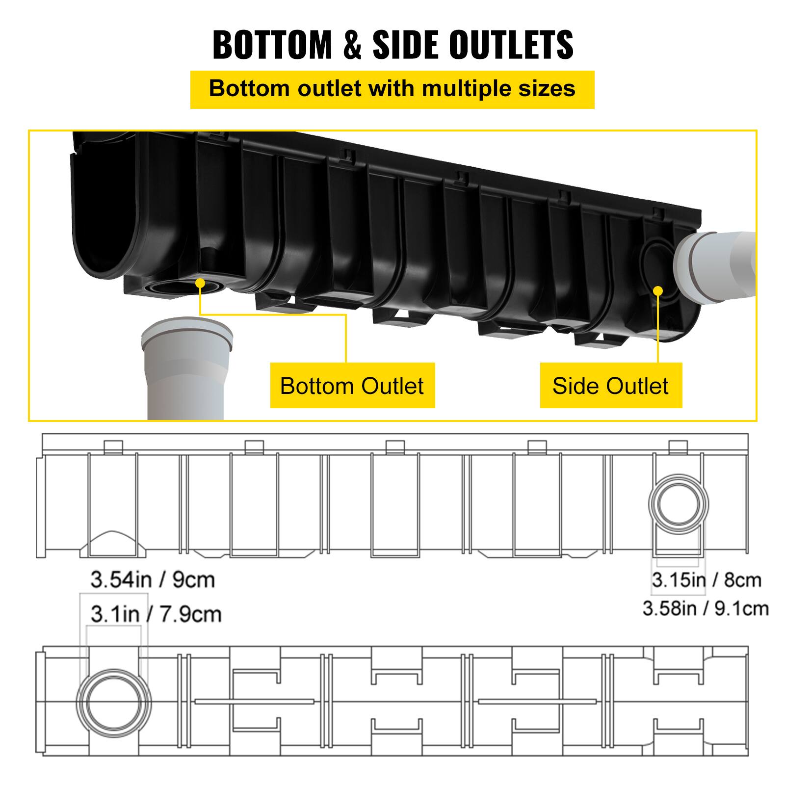 BOTTOM & SIDE OUTLETS  
Bottom outlet with multiple sizes  

Bottom Outlet  
Side Outlet  

3.54in / 9cm  
3.1in / 7.9cm  
3.15in / 8cm  
3.58in / 9.1cm