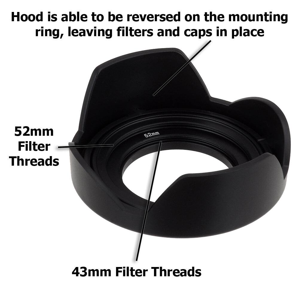 Hood is able to be reversed on the mounting ring, leaving filters and caps in place

52mm Filter Threads

43mm Filter Threads