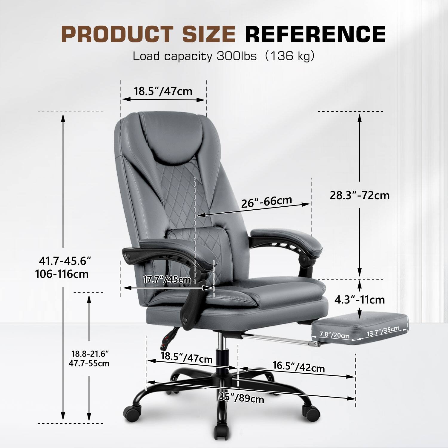 PRODUCT SIZE REFERENCE

Load capacity 300lbs (136 kg)

- 18.5&#34; / 47cm
- 26&#34; - 66cm
- 28.3&#34; - 72cm
- 41.7 - 45.6&#34; / 106 - 116cm
- 17.7&#34; / 45cm
- 4.3&#34; - 11cm
- 18.8 - 21.6&#34; / 47.7 - 55cm
- 18.5&#34; / 47cm
- 7.8&#34; / 20cm
- 13.7&#34; / 35cm
- 16.5&#34; / 42cm
- 35&#34; / 89cm