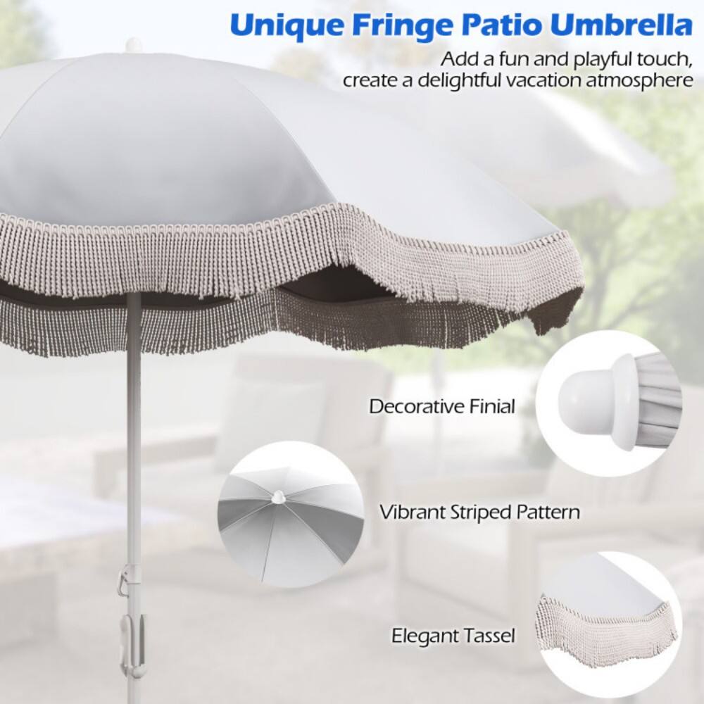 Unique Fringe Patio Umbrella  
Add a fun and playful touch, create a delightful vacation atmosphere  

Decorative Finial  
Vibrant Striped Pattern  
Elegant Tassel