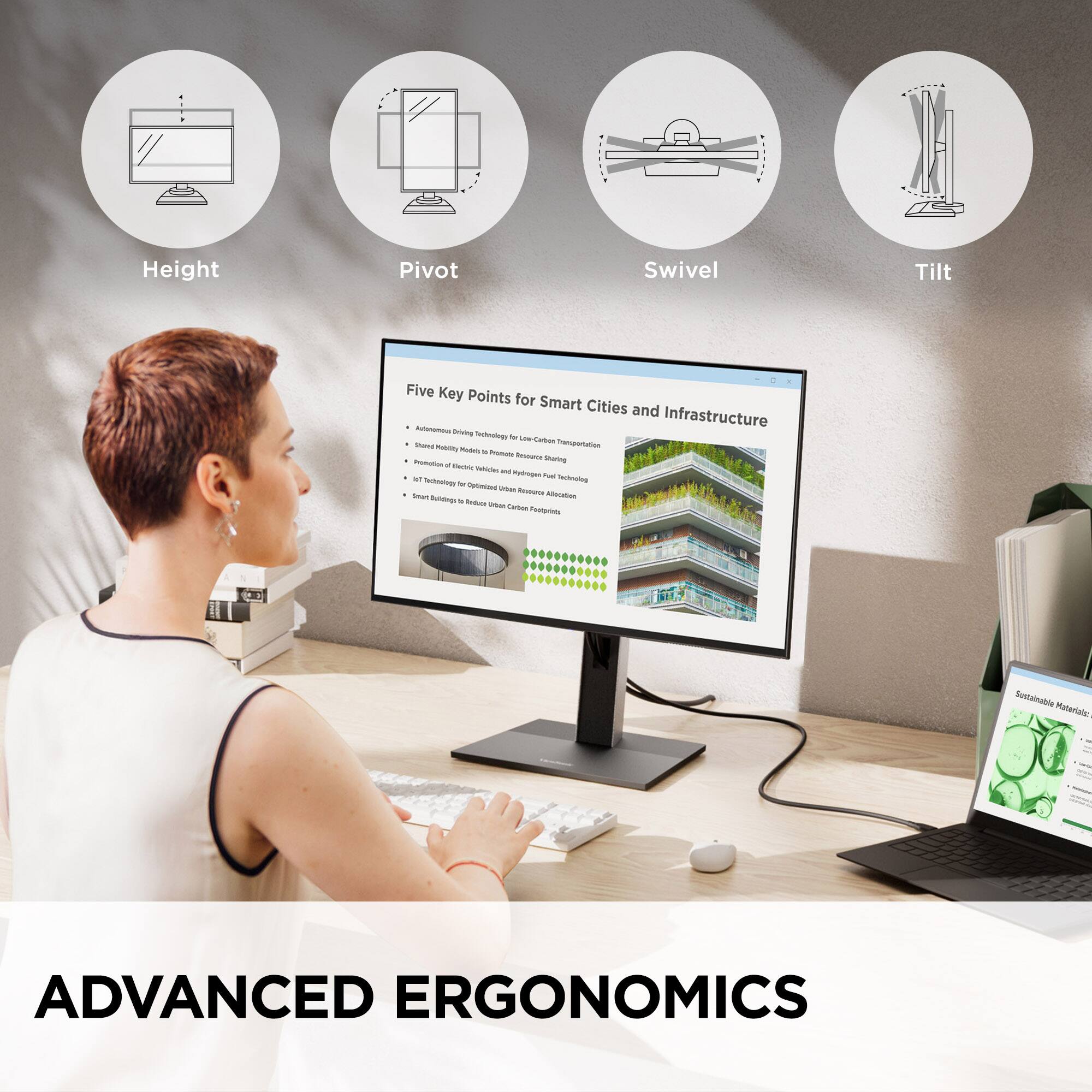 Height  
Pivot  
Swivel  
Tilt  

Five Key Points for Smart Cities and Infrastructure  
- Autonomous Driving Technology for Last-Mile Transportation  
- Smart Mobility to Promote Resource Efficiency  
- Promotion of Electric Vehicles and Hydrogen Fuel Cell Vehicles  
- IoT Technology for Urban Resource Management  
- Smart Buildings to Reduce Urban Carbon Footprint  

ADVANCED ERGONOMICS