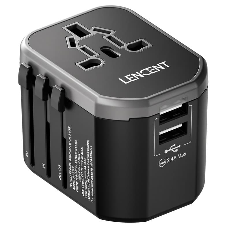 LENCENT - Global Socket Japan US UK EU Plug Adaptor Universal Travel Adapter with 2 USB Ports - Black-Grey