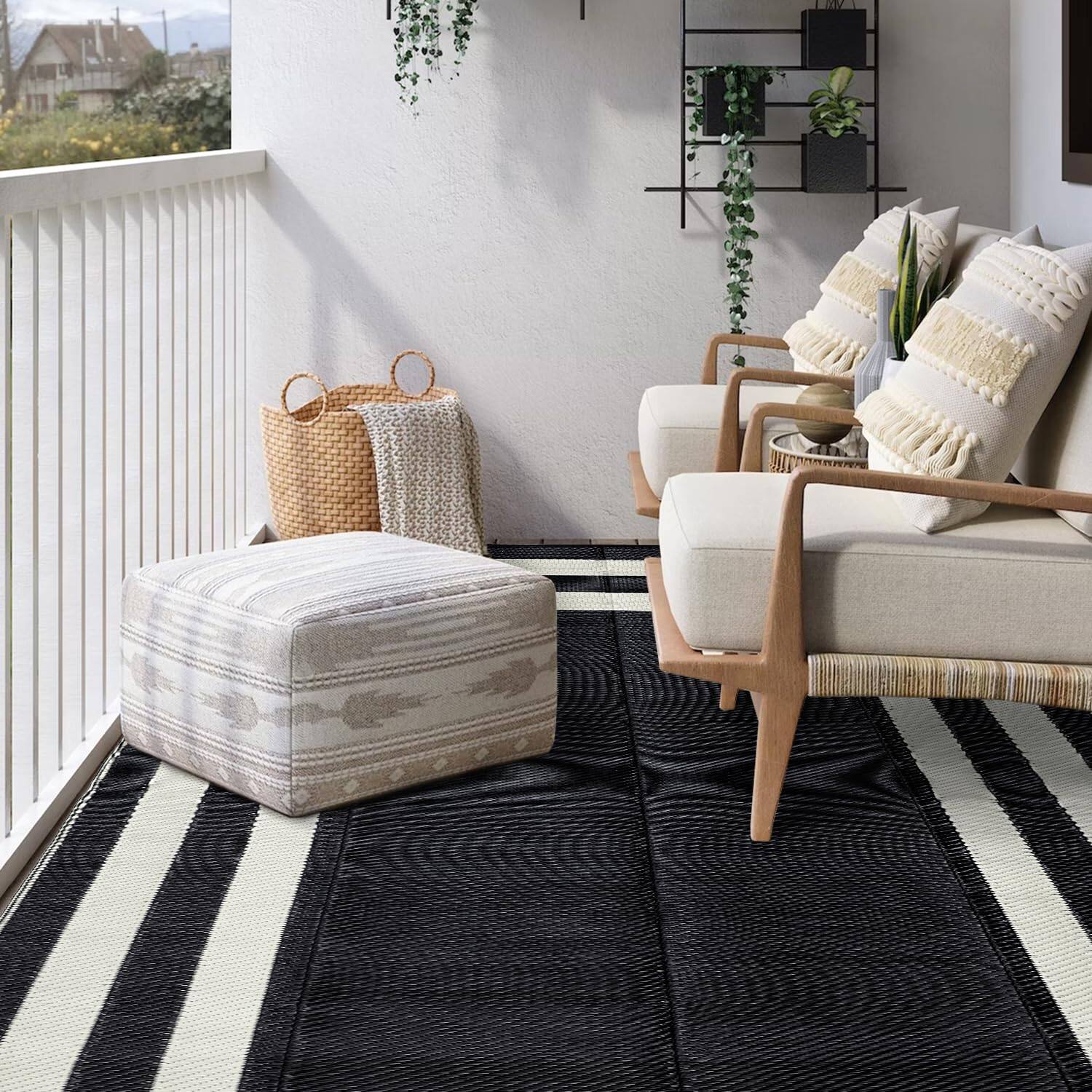 Alt View 4. Reds Spade - Outdoor Rug Carpet Waterproof Reversible Mats Ft Patio Rv Camping Plastic Straw Area For Balcony Picnic Bea... - Black and White-5' x 8' (Rectangular).