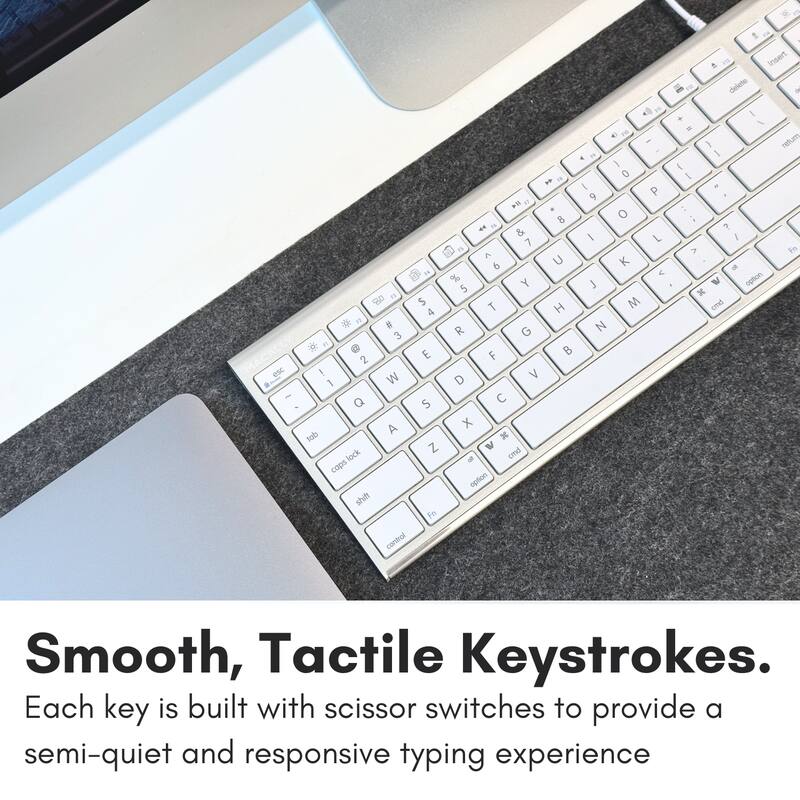 - OR 5 4 * - 3 * F1 MACALLY E 2 esc ! W 1 - Q S A tab Z lock caps shift Fn control - Insert - delete e < a - e F 1 return 4 " I I 1 1 0 1 9 P E e 8 o - 14 7 & I L I 7 > To 6 U K - C % Y J W eptlion 5 x T H M cnd R G F D V X x W - cd aption Smooth, Tactile Keystrokes. Each key is built with scissor switches to provide a semi-quiet and responsive typing experience.