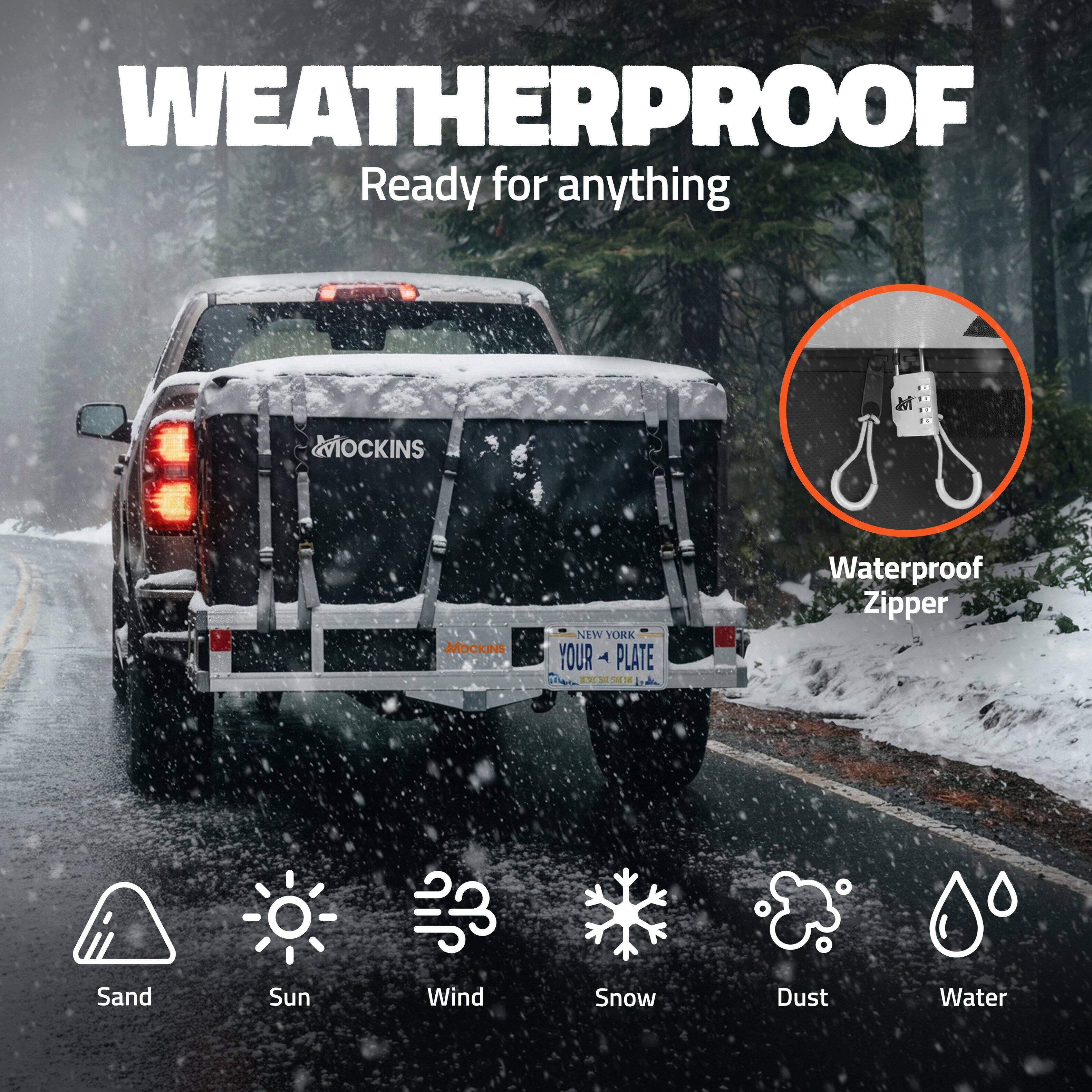 WEATHERPROOF  
Ready for anything  

MOCKINS  
NEW YORK  
YOUR PLATE  

Waterproof Zipper  

Sand  
Sun  
Wind  
Snow  
Dust  
Water