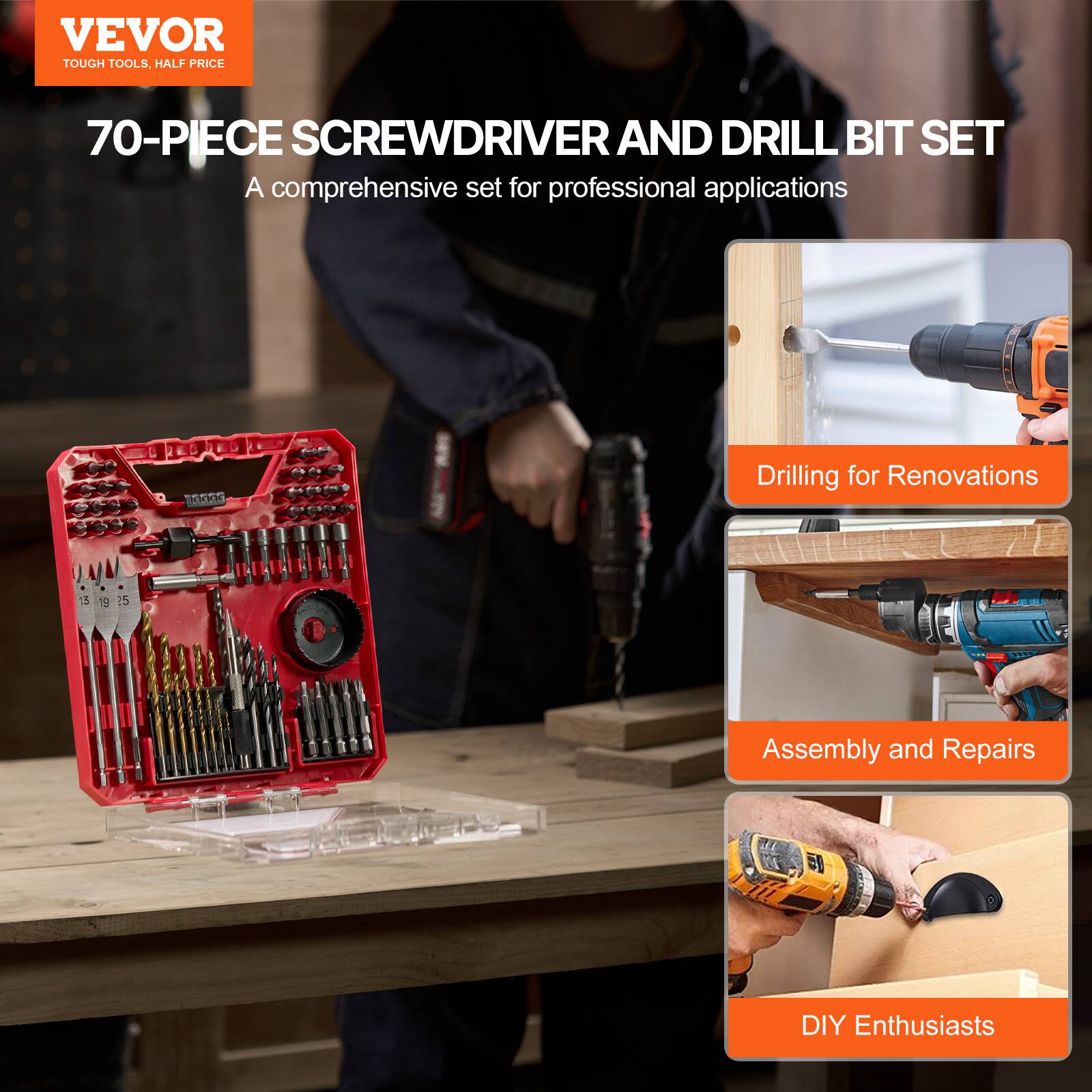 VEVOR  
TOUGH TOOLS, HALF PRICE  

70-PIECE SCREWDRIVER AND DRILL BIT SET  
A comprehensive set for professional applications  

- Drilling for Renovations  
- Assembly and Repairs  
- DIY Enthusiasts