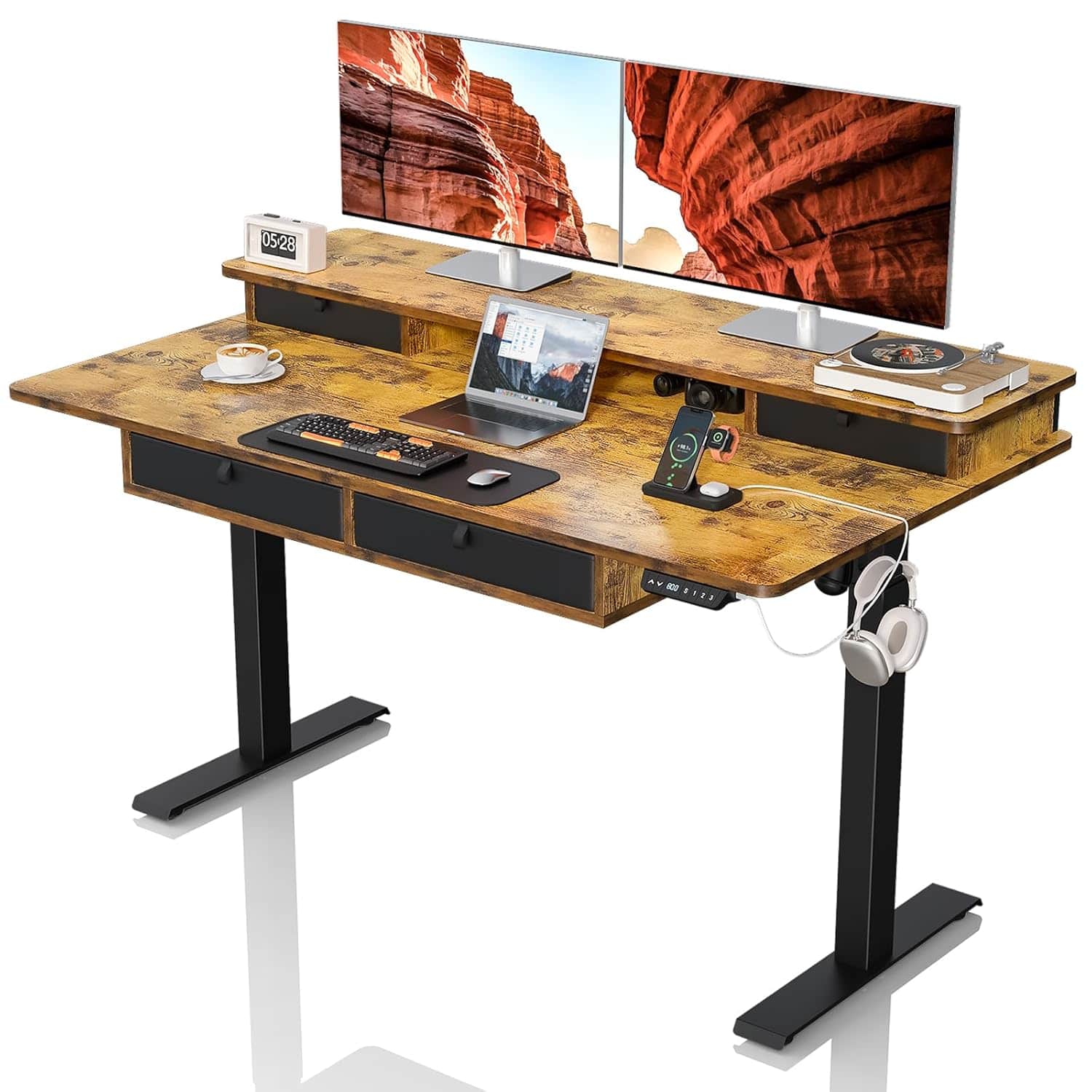 Zell Electronics - 55x30 Inch Electric Standing Desk with Drawers, USB Charging & 3 Memory Height Presets - Rustic Brown