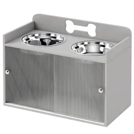 Front. Pawhut - Dog Bowls with Storage - Gray.