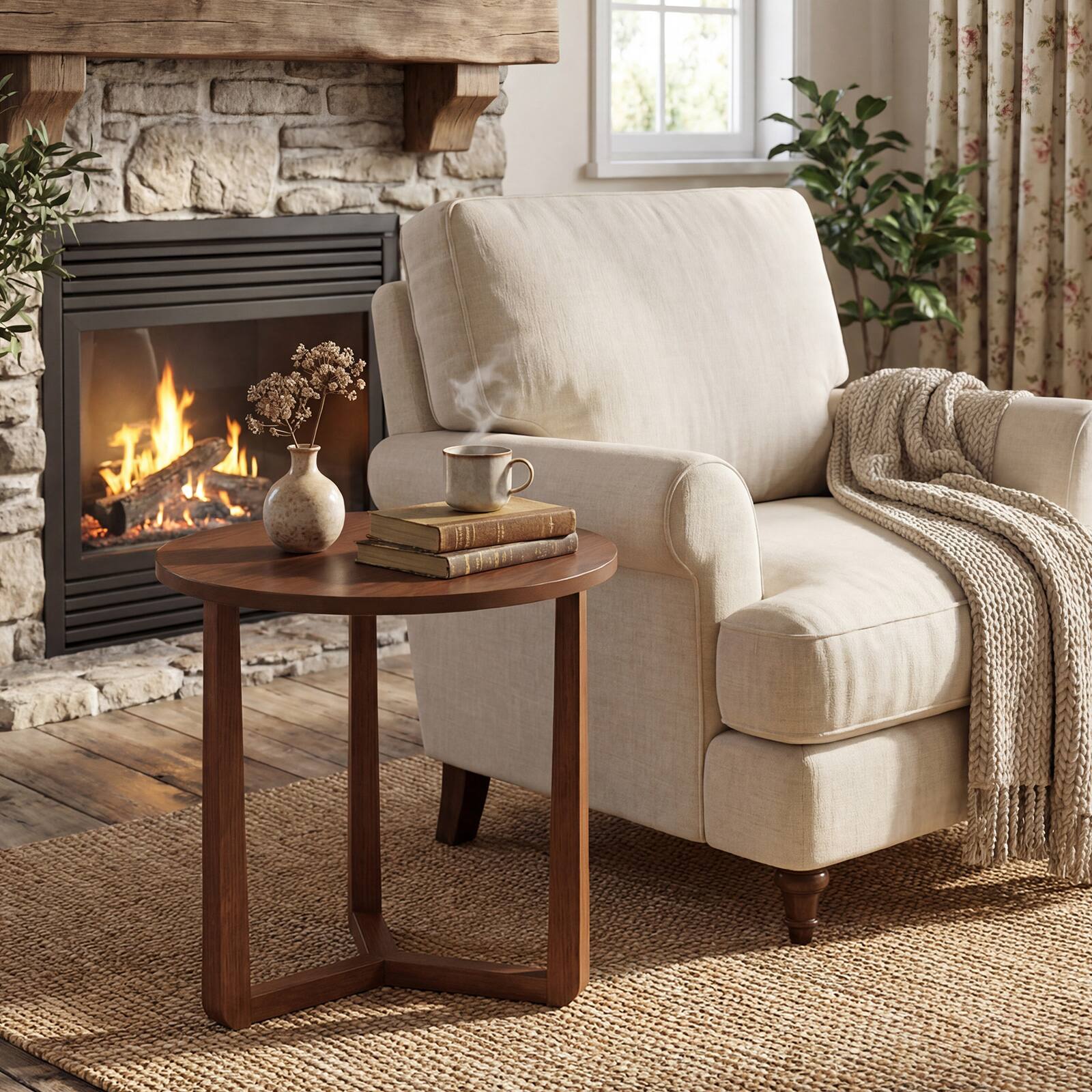 Alt View 3. Gymax - Gymax Round Side Table w/Sturdy Rubber Wood Legs & Triangular Structure for Bedroom Walnut - Brown.