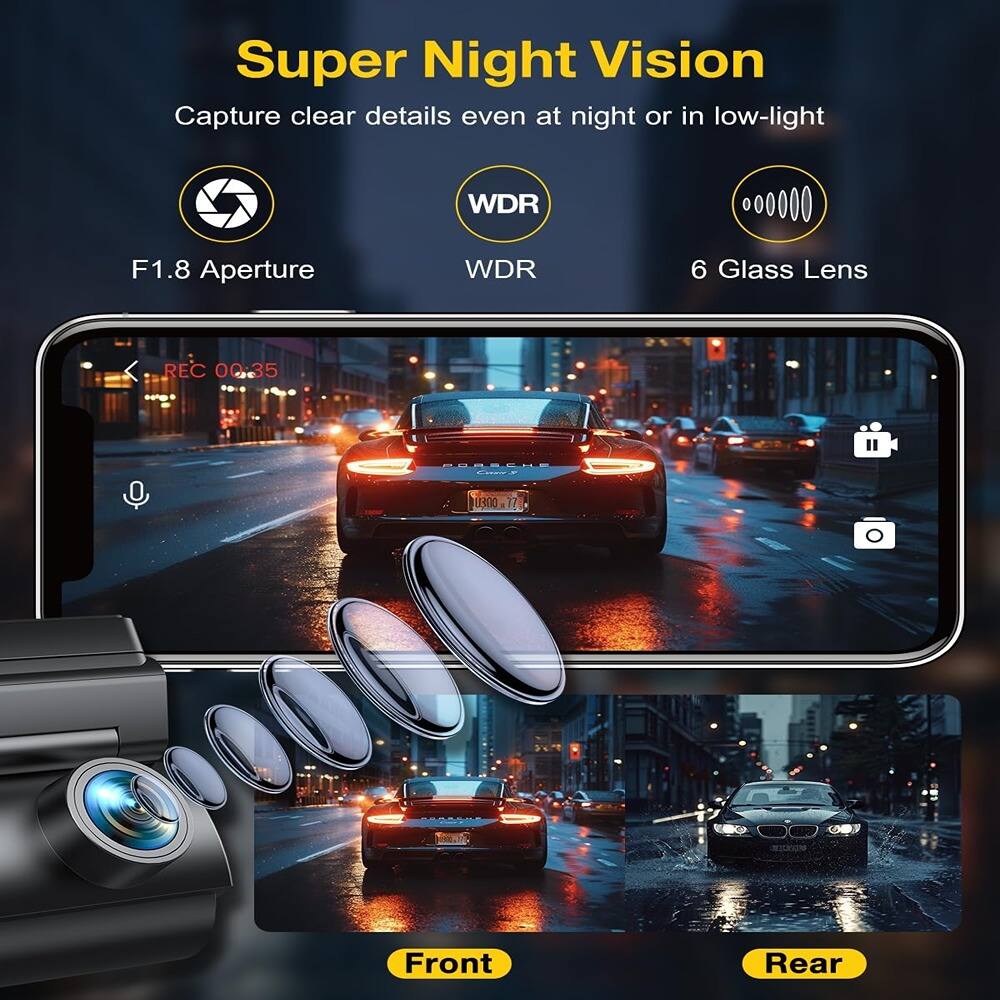 Super Night Vision  
Capture clear details even at night or in low-light  

F1.8 Aperture  
WDR  
6 Glass Lens  

Front  
Rear