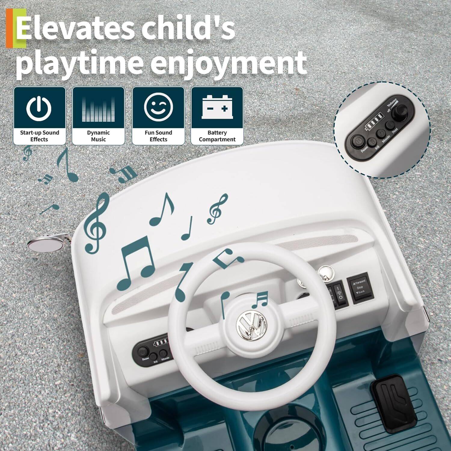 Elevates child's playtime enjoyment

- Start-up Sound Effects
- Dynamic Music
- Fun Sound Effects
- Battery Compartment
