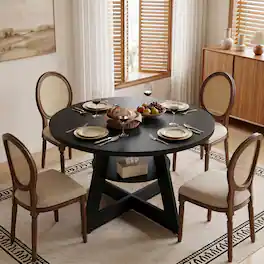 Bestier - Modern Dining Table with Built-in Storage, Stable Triangular Base, Metal-Accented Legs - Black