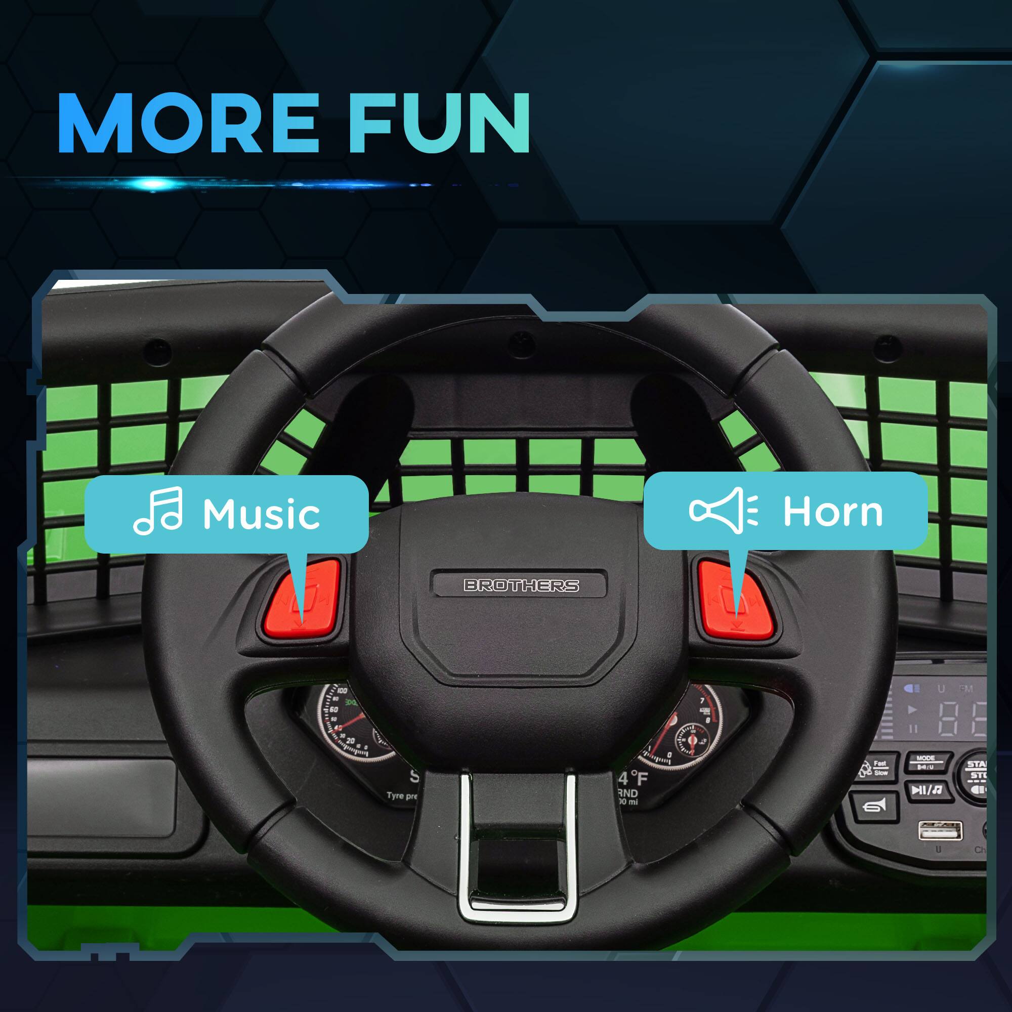 MORE FUN

Music: Horn BROTHERS

4°F

HORN

START

HI/LO

RND

TIRE PRESS

U FM

88