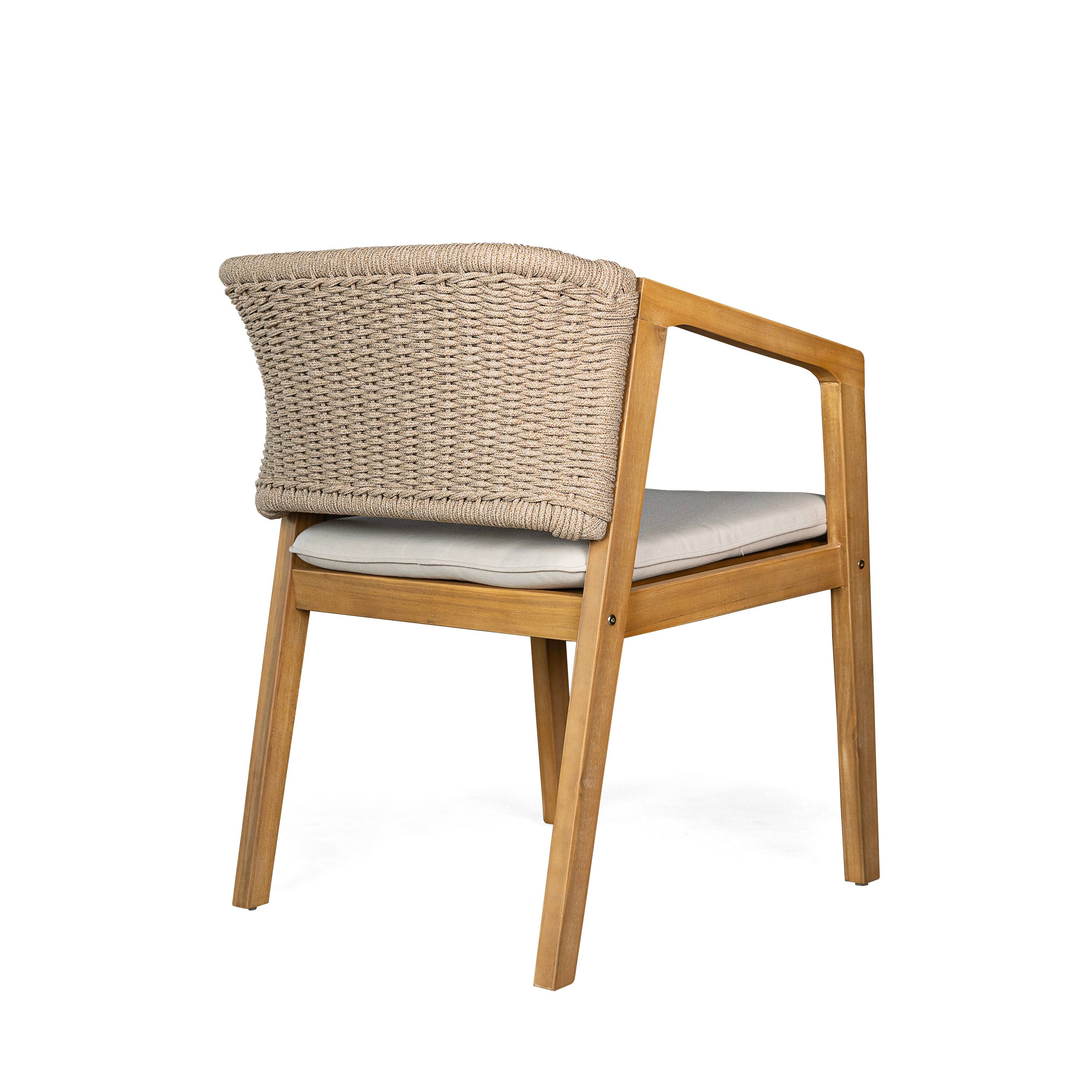 Alt View 2. Whisen - Set of 2 Outdoor Acacia Wood Dining Chairs With a Rope Backrest and Cushions - Light Teak|Beige.