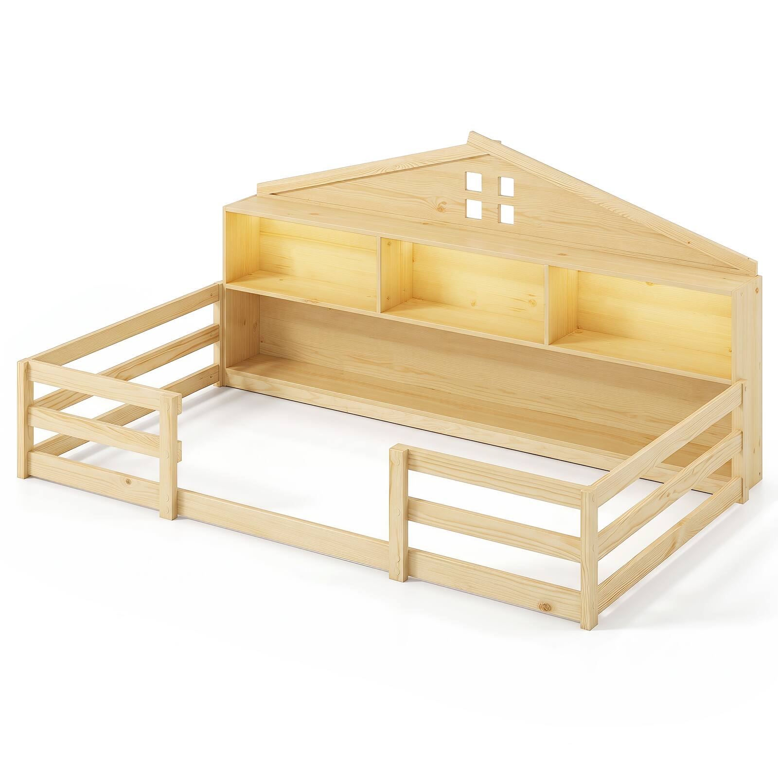 Alt View 1. Costway - Costway Twin Size Montessori Floor Bed with LED Lights Safety Guardrails Compartments Shelf - Natural.