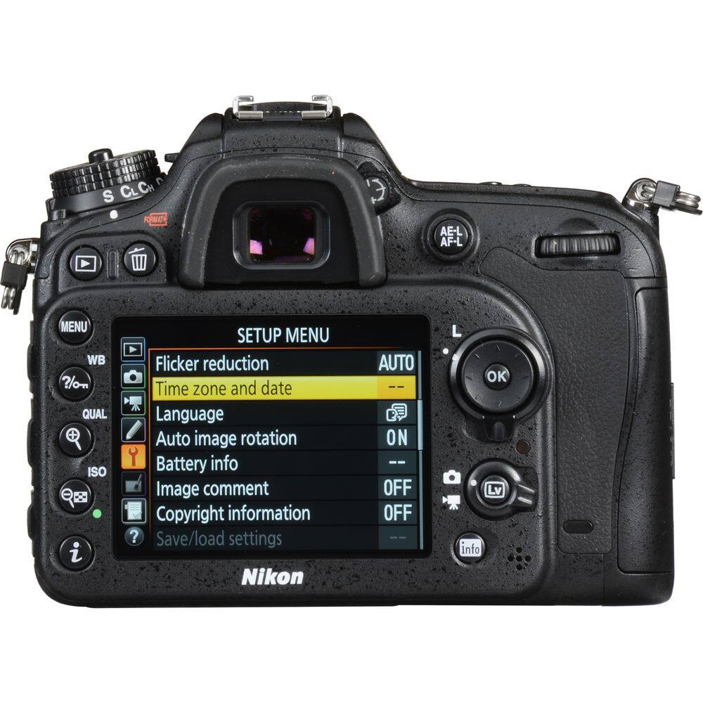 S CLCH FORMAT AE-L AF-L MENU WB ?/om QUAL ISO QE i SETUP MENU  
Flicker reduction  
Time zone and date  
Language  
Auto image rotation  
Battery info  
Image comment  
Copyright information  
? Save/load settings  
Nikon AUTO ON OFF OFF L OK Lv info