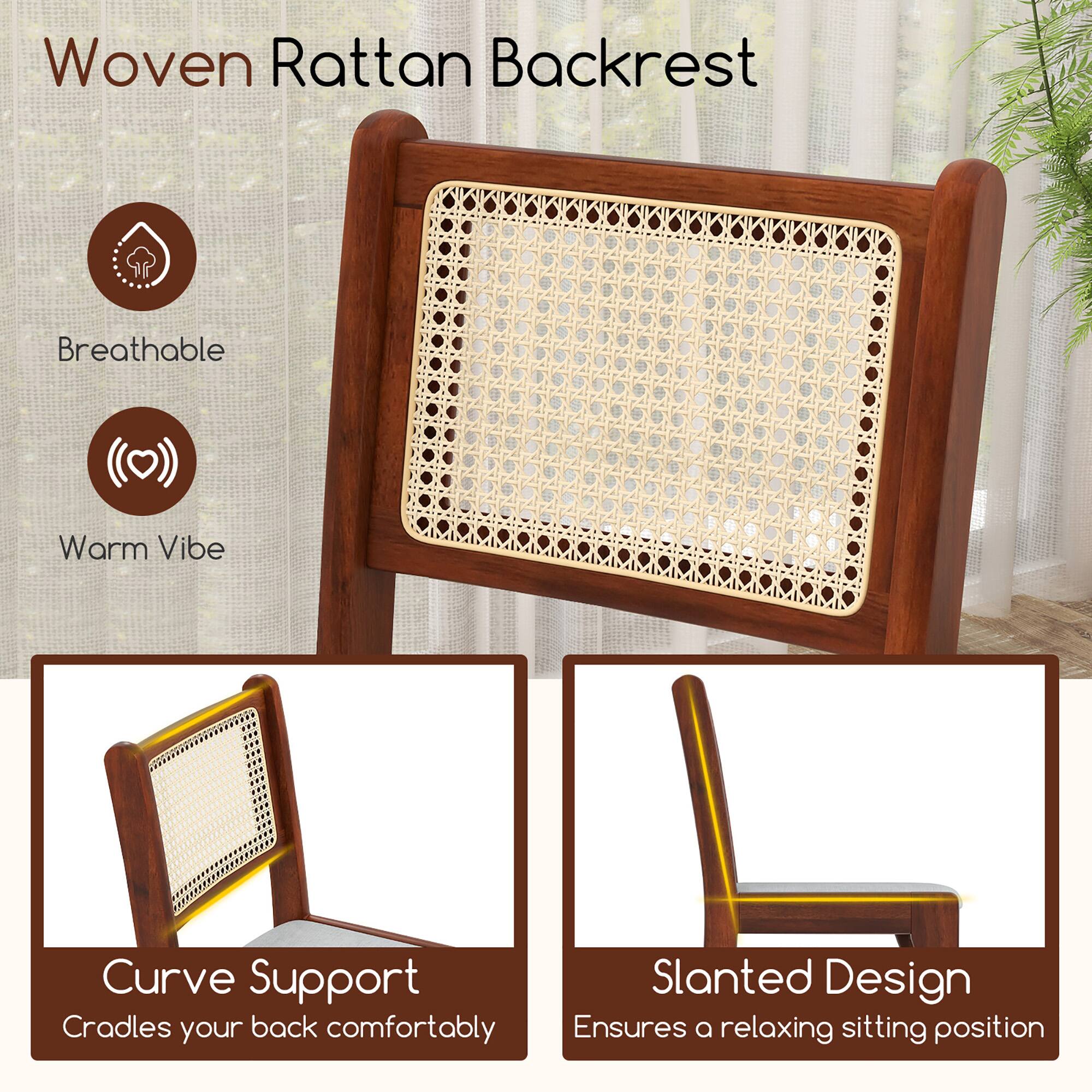 Woven Rattan Backrest

- Breathable
- Warm Vibe

Curve Support  
Cradles your back comfortably

Slanted Design  
Ensures a relaxing sitting position