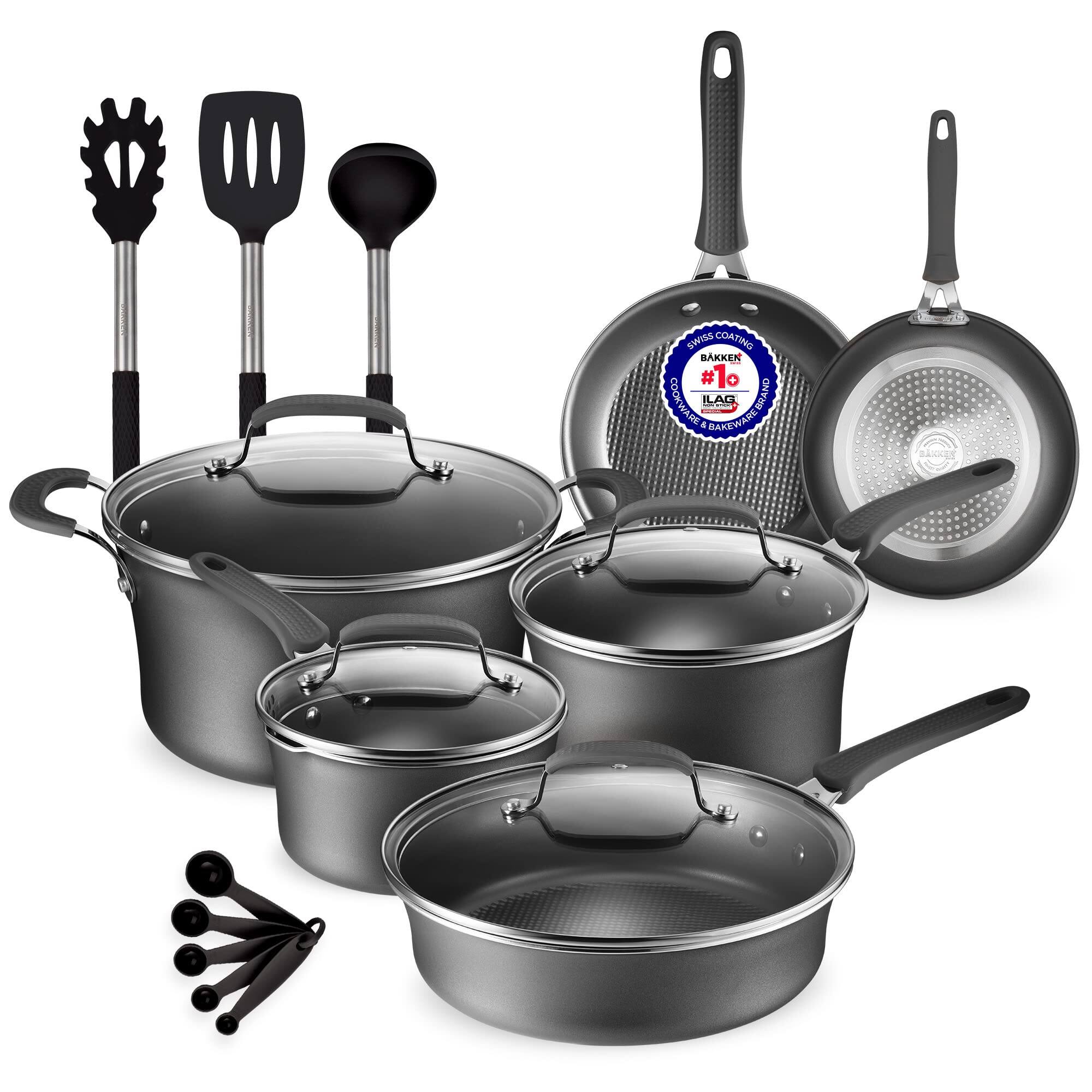 Bakken- Swiss - Pots and Pans Set – 14 Piece – Non-Stick Professional Home Kitchenware – Cooking Pots with Lids – Skillet Fry Pans – Sui - Black