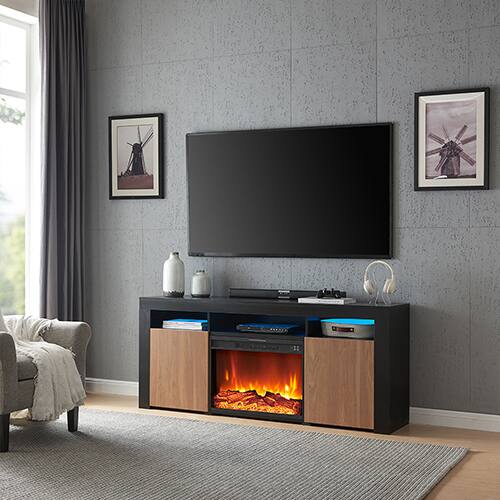 Front. Living Essentials Corp - Lenexa TV Console Black/Walnut with Firebox - Black/Walnut.