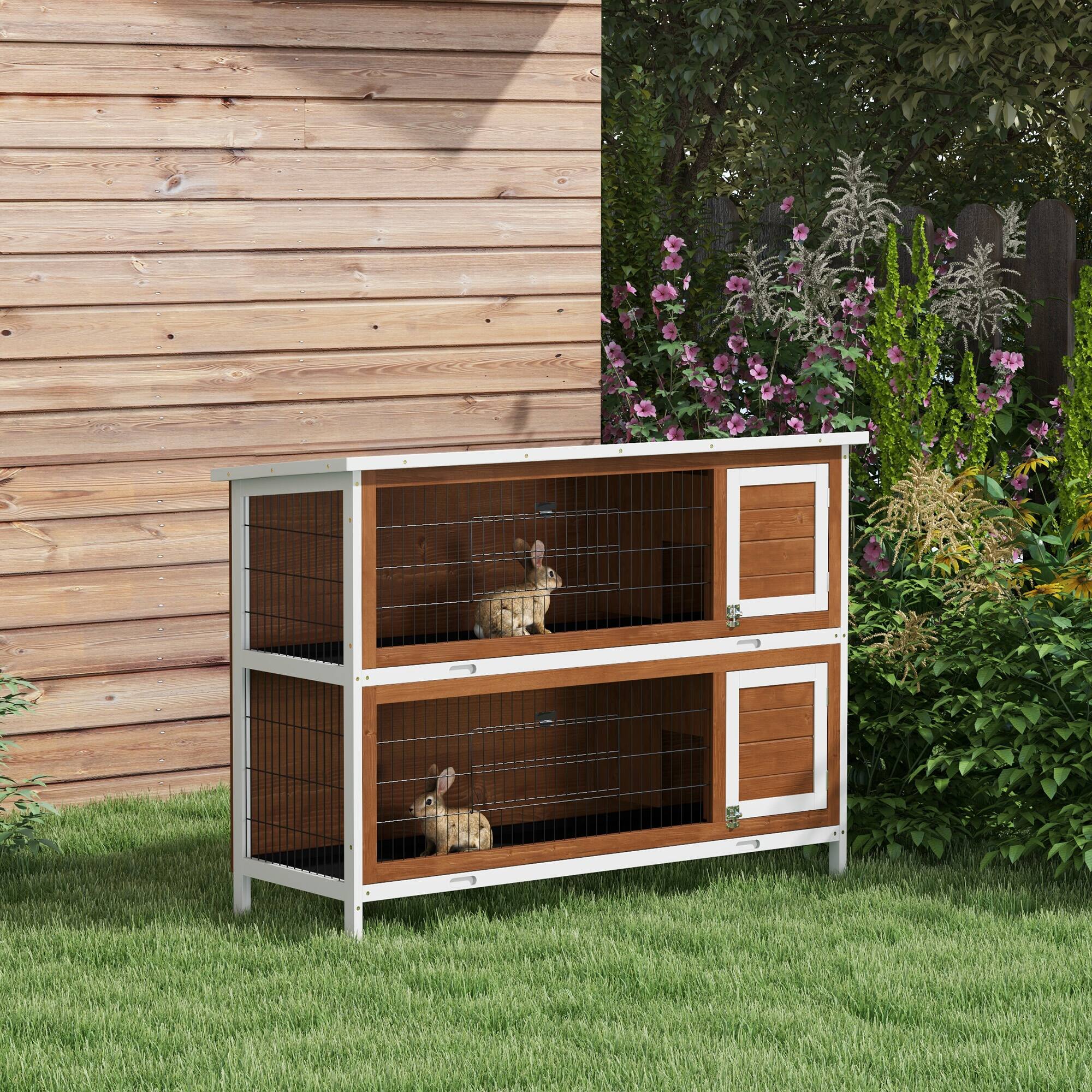 Angle. Pawhut - 54" 2-Story Wooden Rabbit Hutch, Indoor/Outdoor Small Animal Cage with Lockable Doors, No-Leak Tray & Waterproof Roof.