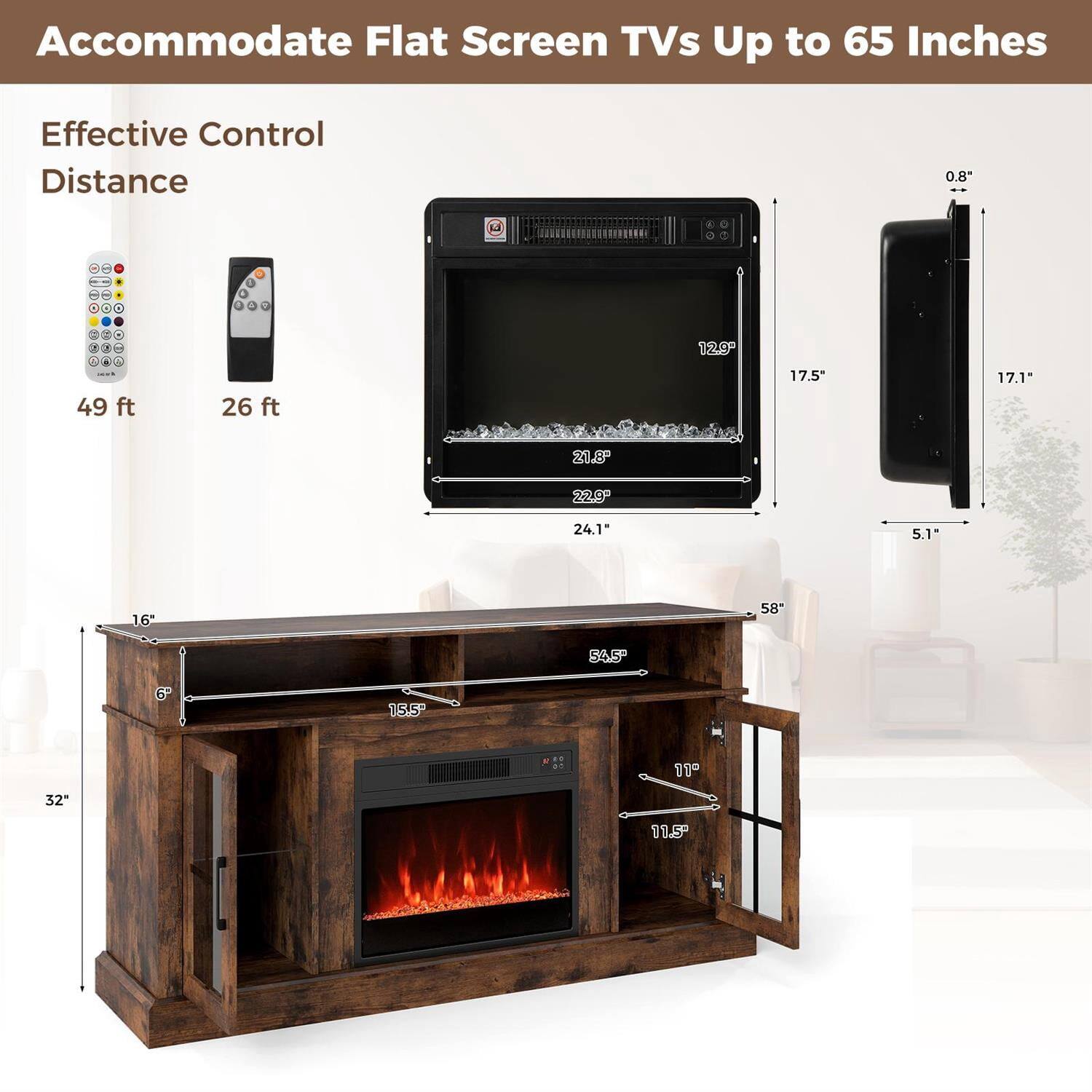 Accommodate Flat Screen TVs Up to 65 Inches

Effective Control Distance

49 ft  
26 ft

12.9"  
17.5"  
21.8"  
22.9"  
24.1"  
5.1"  
16"  
58"  
54.5"  
15.5"  
11"  
32"  
11.5"  
0.8"  
17.1"  
58"  
54.5"  
11.5"  
11.5"
