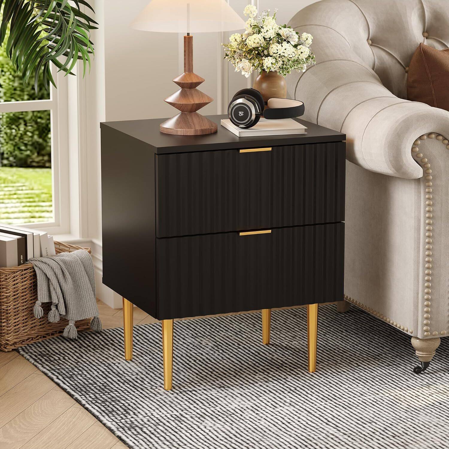 Alt View 1. GARVEE - Modern Nightstand with 2 Drawers, Golden and Wood Fluted Night Stand， Bedside Table with USB Ports and Outlets, White - Black.