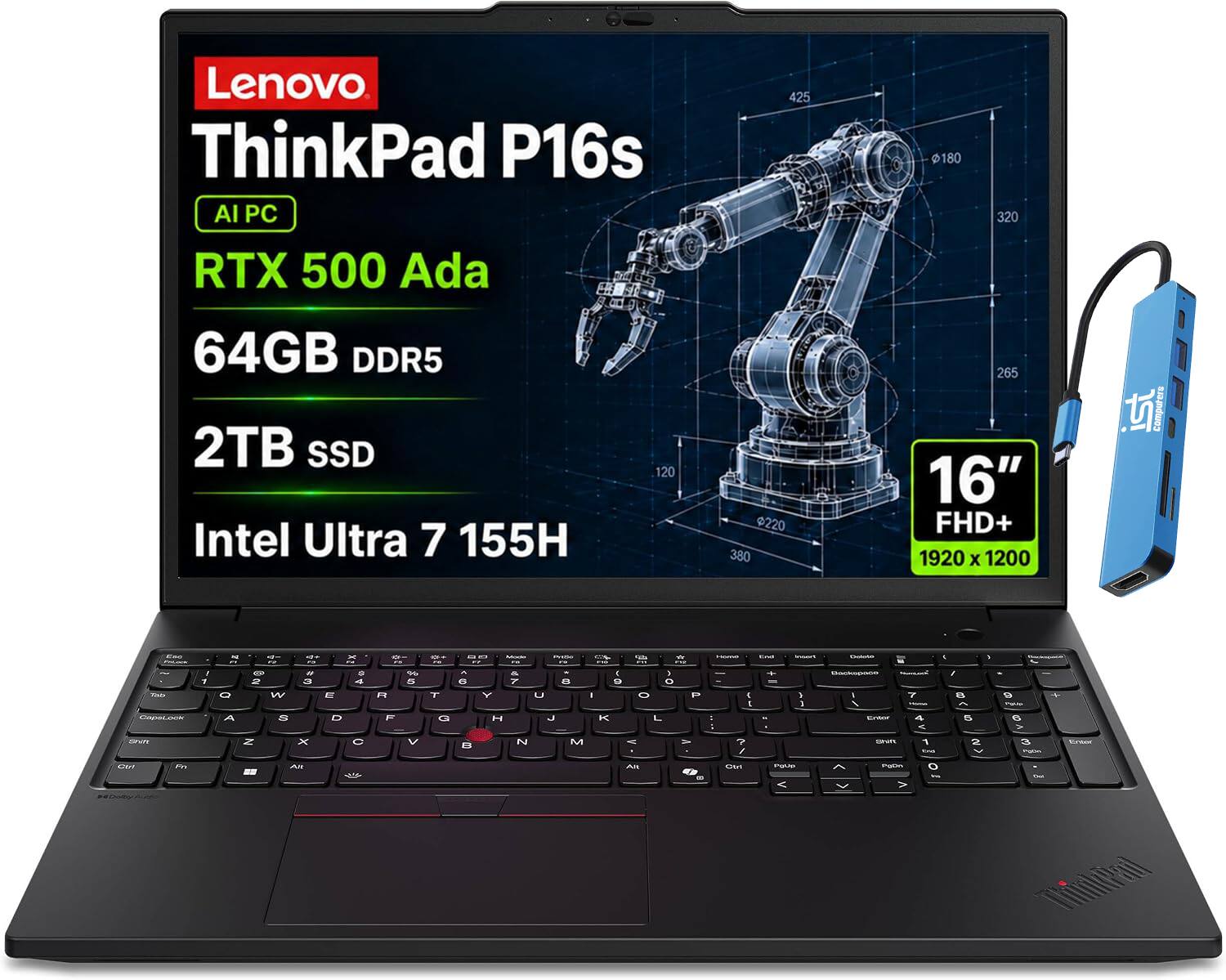 Lenovo - Upgraded - ThinkPad P16s Gen3 16"FHD+ Mobile Workstation Laptop - RTX 500 Ada - Intel Ultra 7 155H - 64GB RAM - 2TB SSD - Win 11Pro - Black