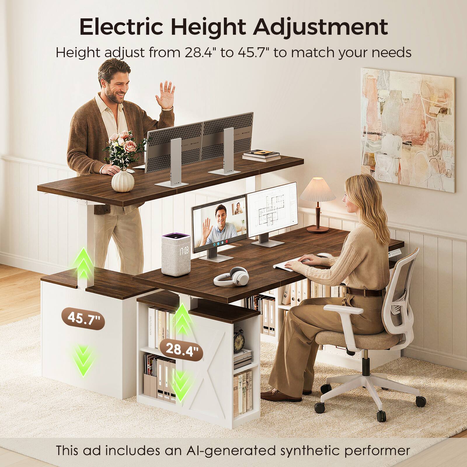 Electric Height Adjustment  
Height adjust from 28.4" to 45.7" to match your needs

17:08  
0000  
45.7"  
28.4"

This ad includes an AI-generated synthetic performer