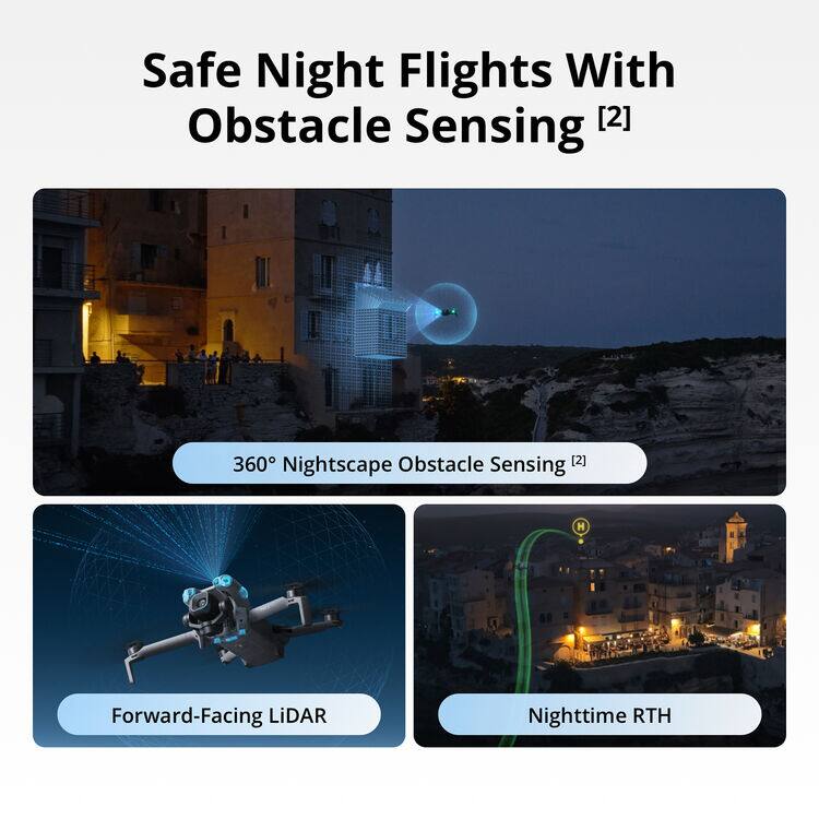 Safe Night Flights With Obstacle Sensing [2]  
360° Nightscape Obstacle Sensing [2]  
Forward-Facing LiDAR  
Nighttime RTH