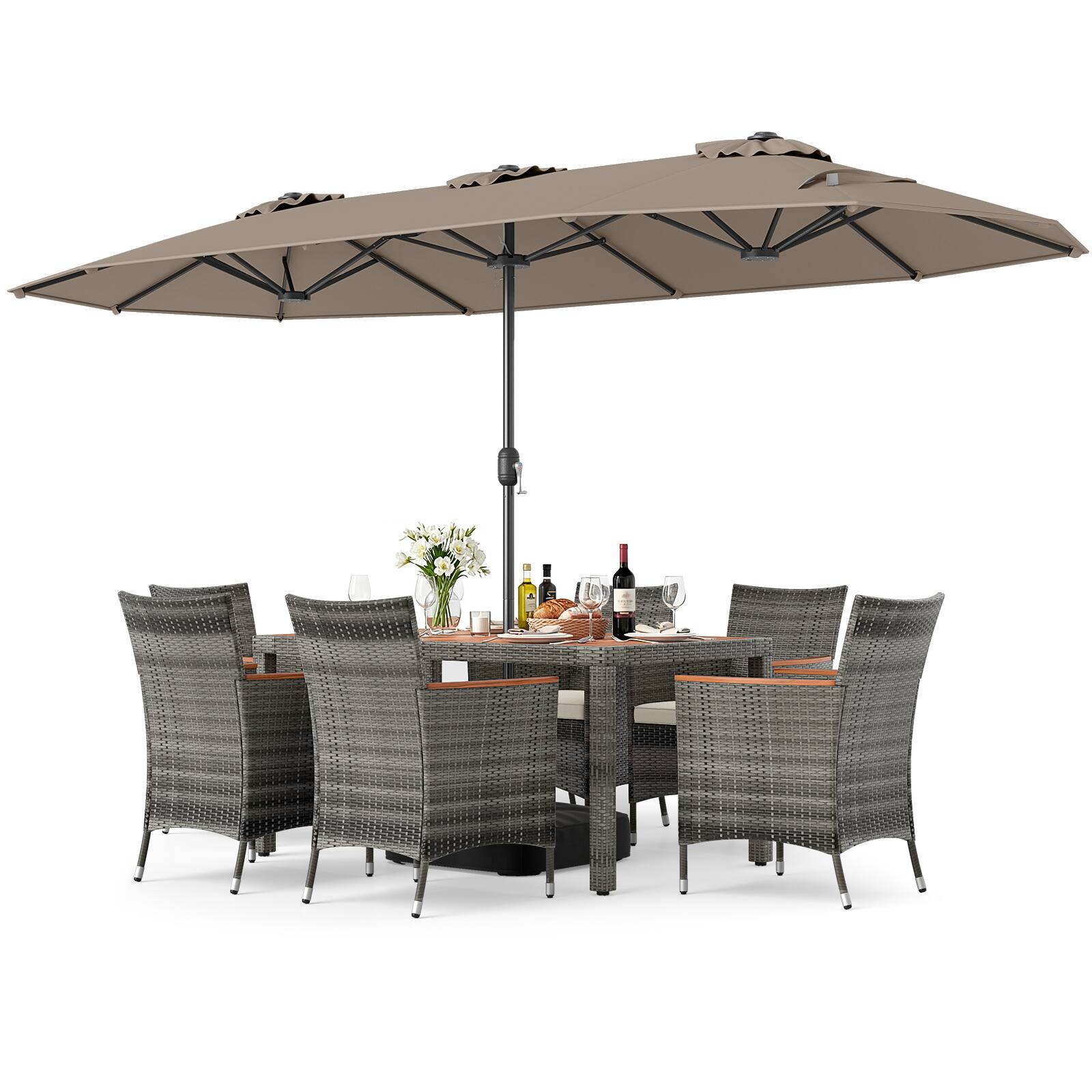 Alt View 5. Gymax - Gymax 8-Piece Patio Dining Set w/ Double-Sided Market Umbrella Acacia Wood Top Tan - Brown.