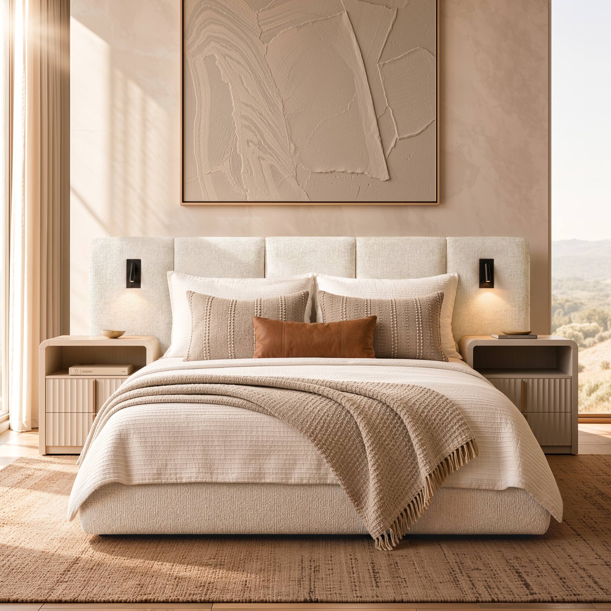 Alt View 6. ModernMate - Upholstered Platform Bed Frame with Extended Headboard, Wide Headboard Bed with Storage Footboard Drawers - Begie.
