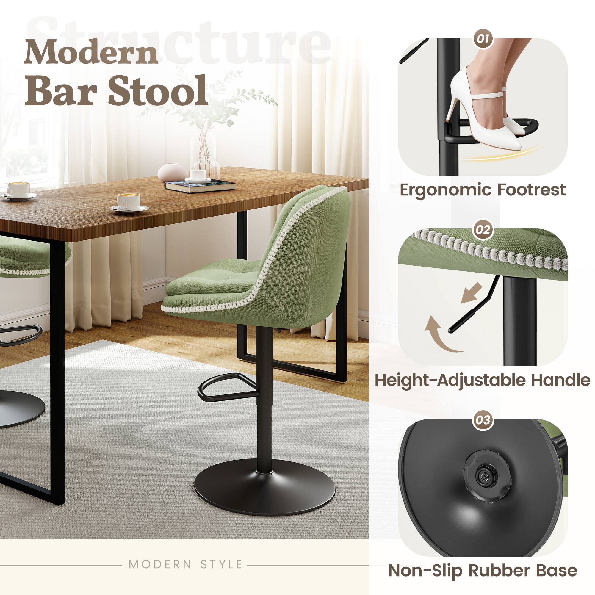 Modern Structure Bar Stool

1. Ergonomic Footrest
2. Height-Adjustable Handle
3. Non-Slip Rubber Base

MODERN STYLE