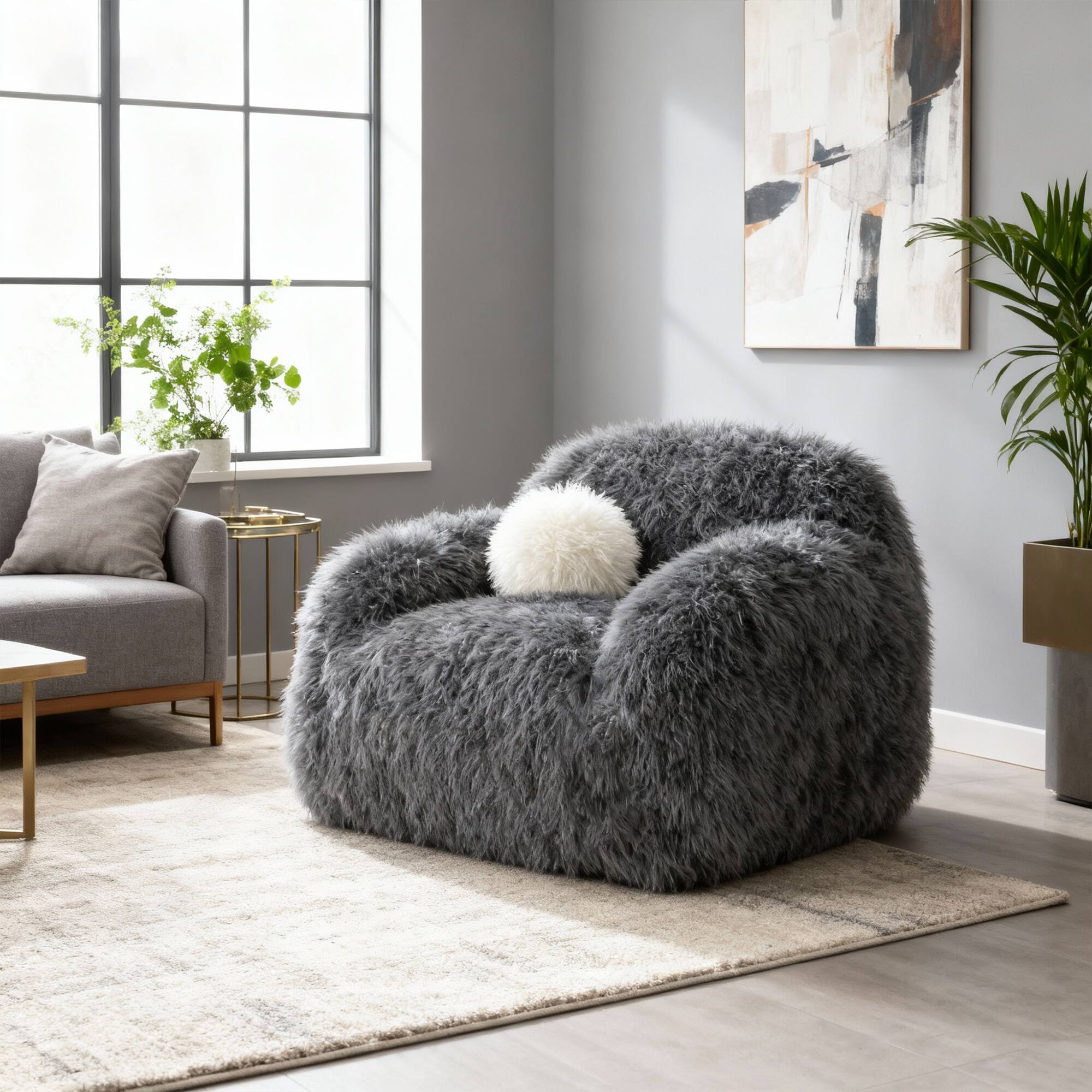 Left. Vaczon - Plush Faux Fur 360° Swivel Chair with Long Pile Soft Ball Pillows – Cozy Accent Chair for Living Room Lounge - Dark Gray.